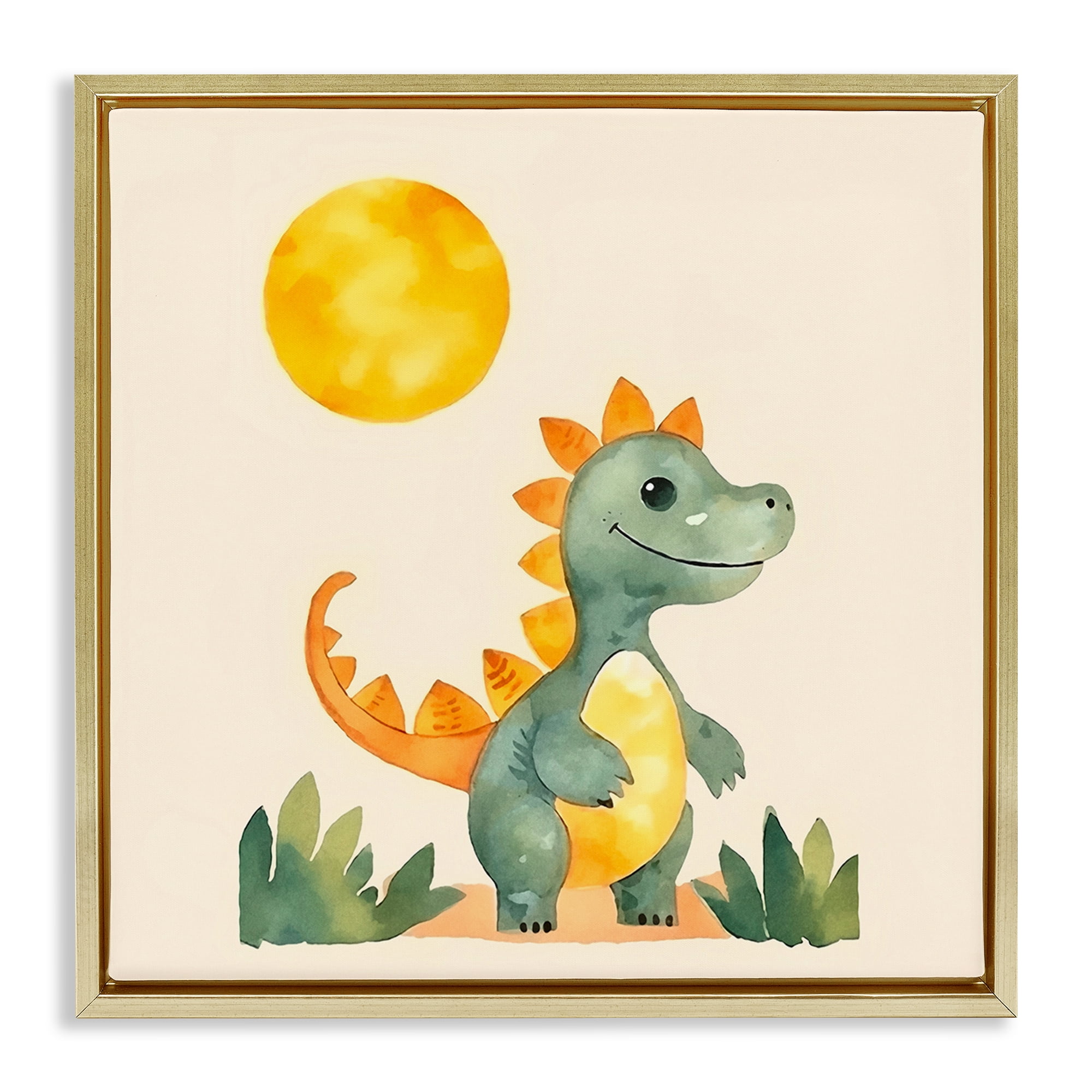 Stupell Industries Happy Dinosaur & Sun Animals Painting Gold Floater Framed Canvas Art Print Wall Art, 18 x 18