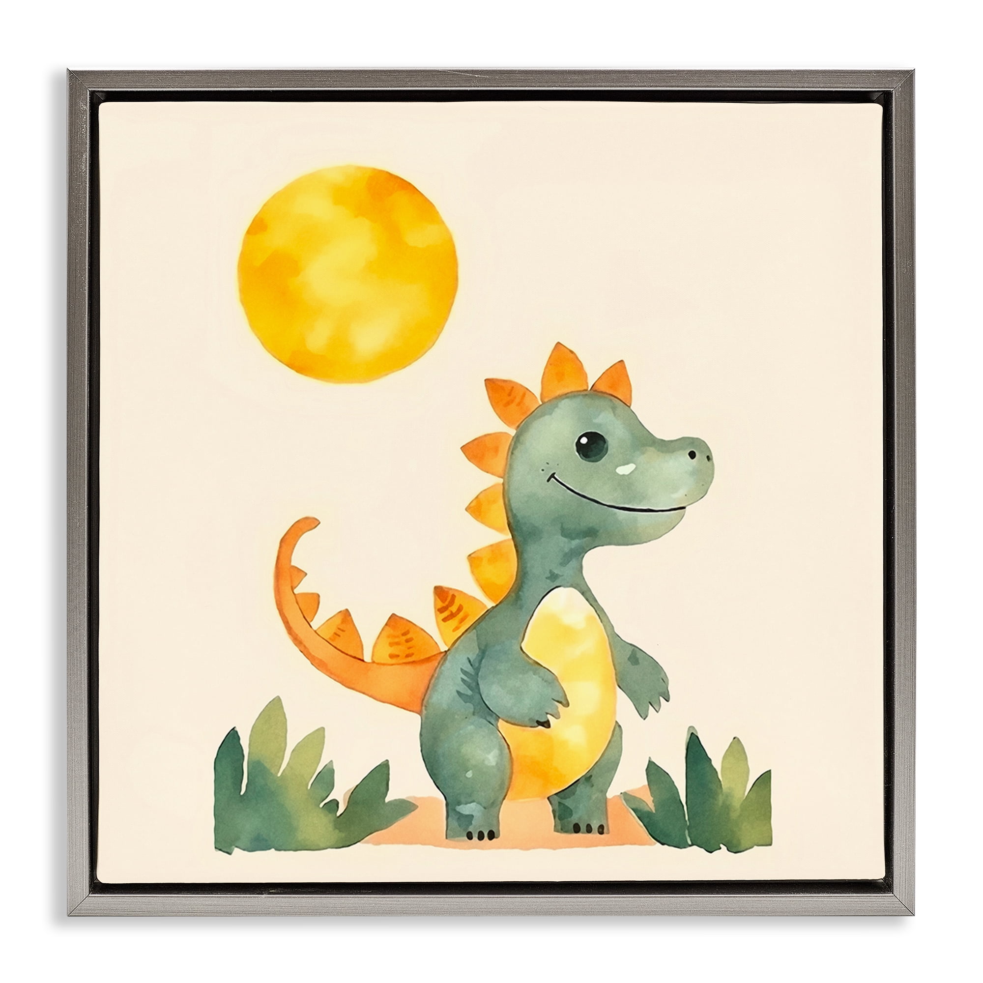 Stupell Industries Happy Dinosaur & Sun Animals Painting Gray Floater Framed Canvas Art Print Wall Art, 18 x 18