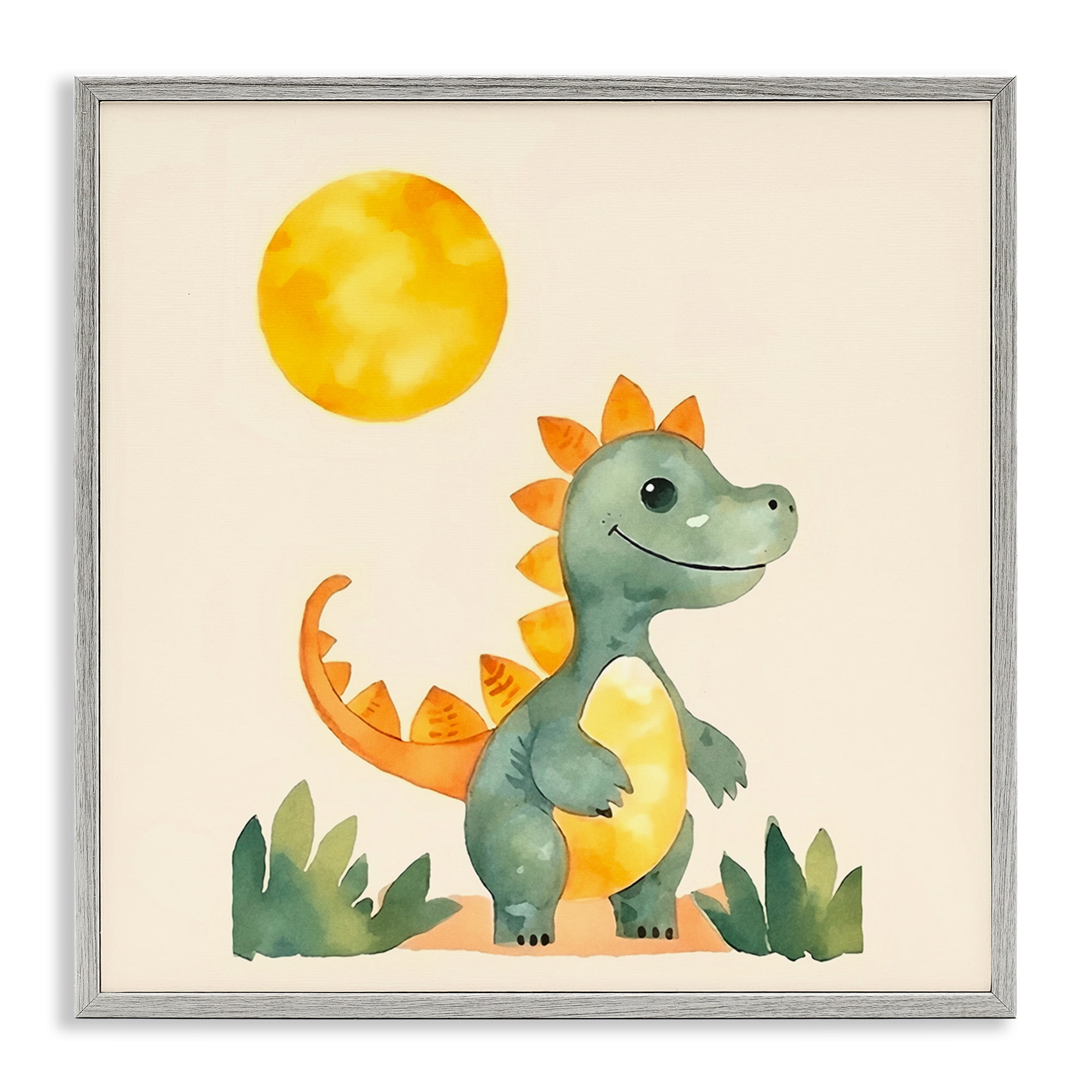 Stupell Industries Happy Dinosaur & Sun Animals Painting Gray Framed Art Print Wall Art, 24 x 24