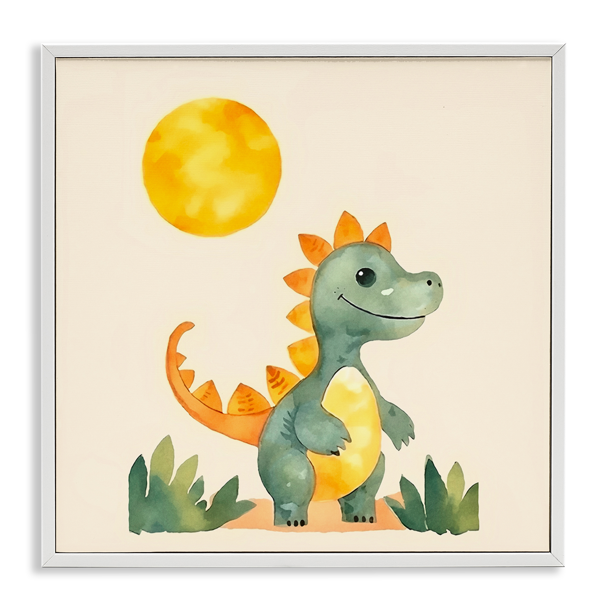 Stupell Industries Happy Dinosaur & Sun Animals Painting White Framed Art Print Wall Art, 24 x 24