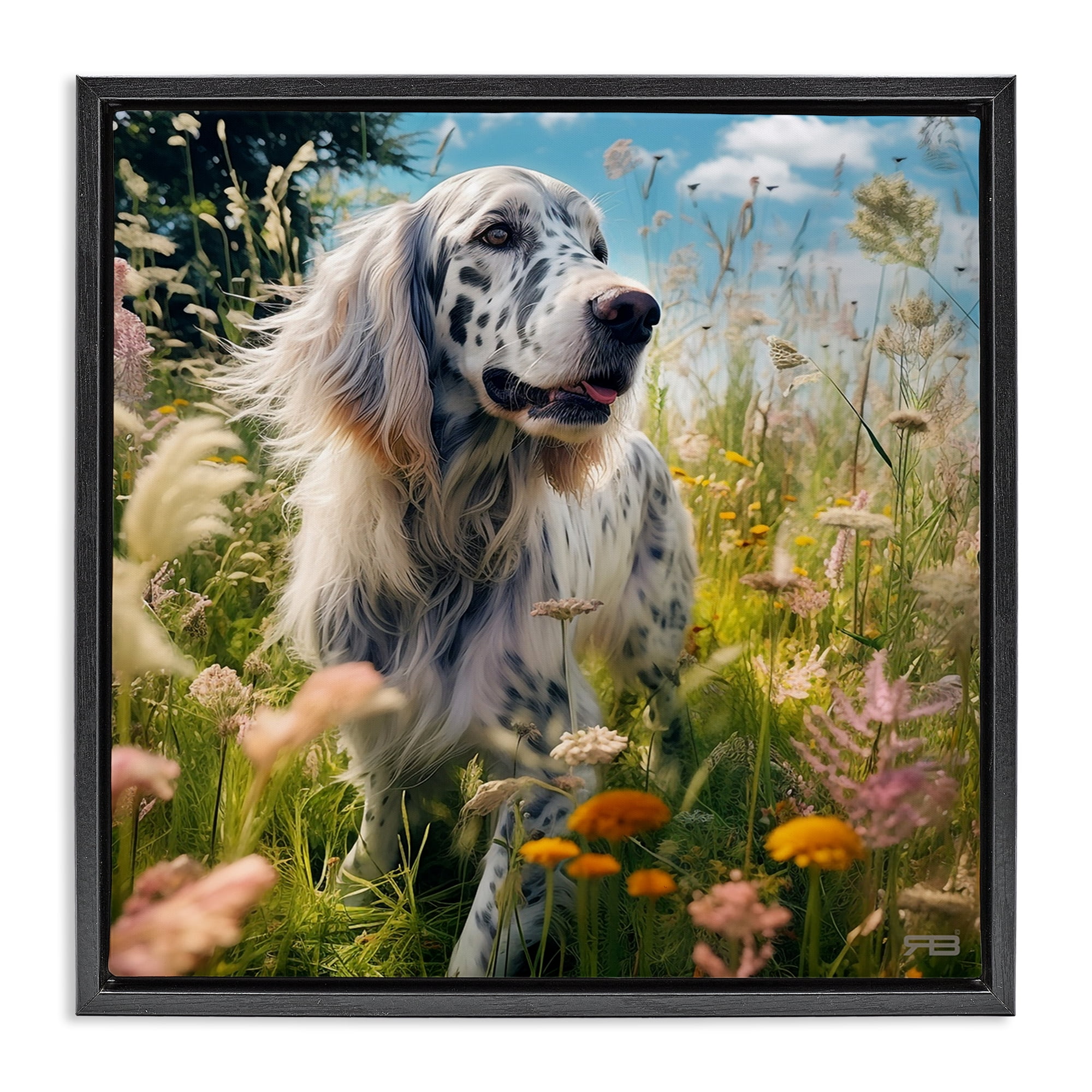Stupell Industries Happy Dog Among Flowers Landscape Painting Black Floater Framed Canvas Art Print Wall Art, 25 x 25