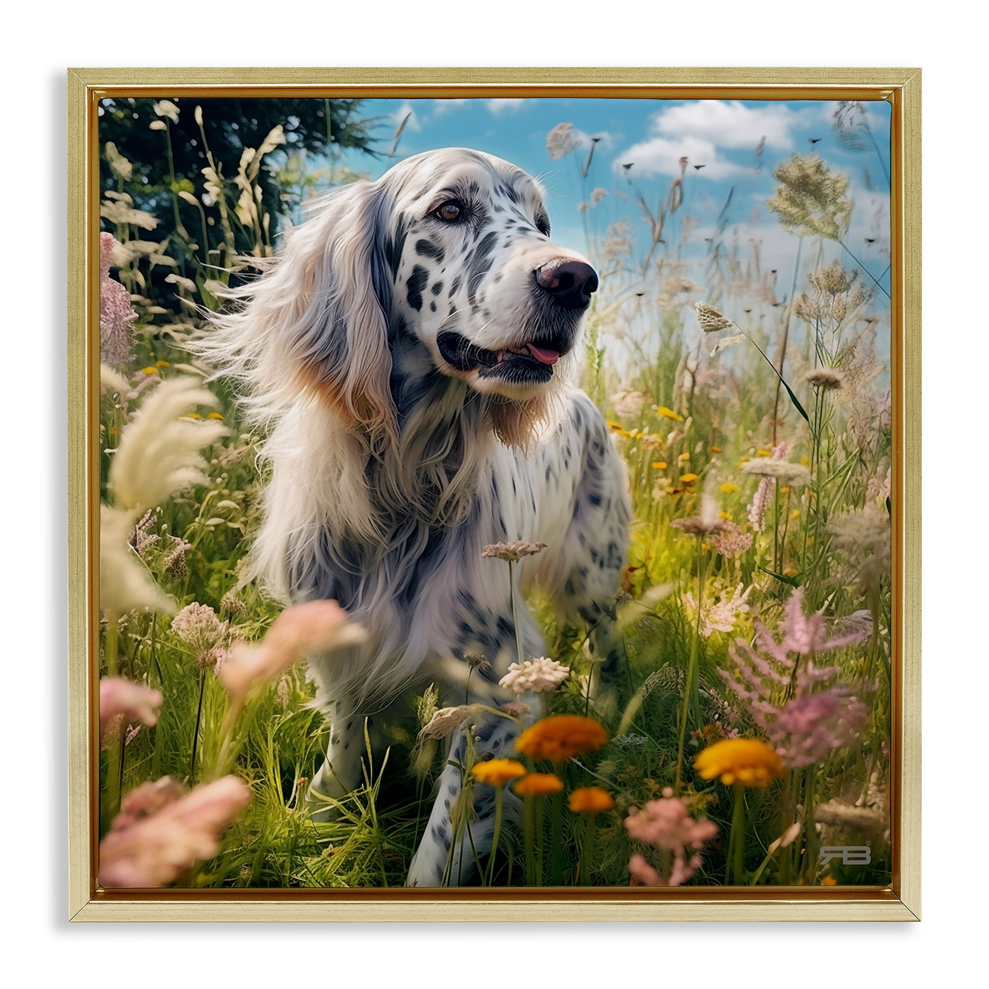 Stupell Industries Happy Dog Among Flowers Landscape Painting Gold Floater Framed Canvas Art Print Wall Art, 25 x 25