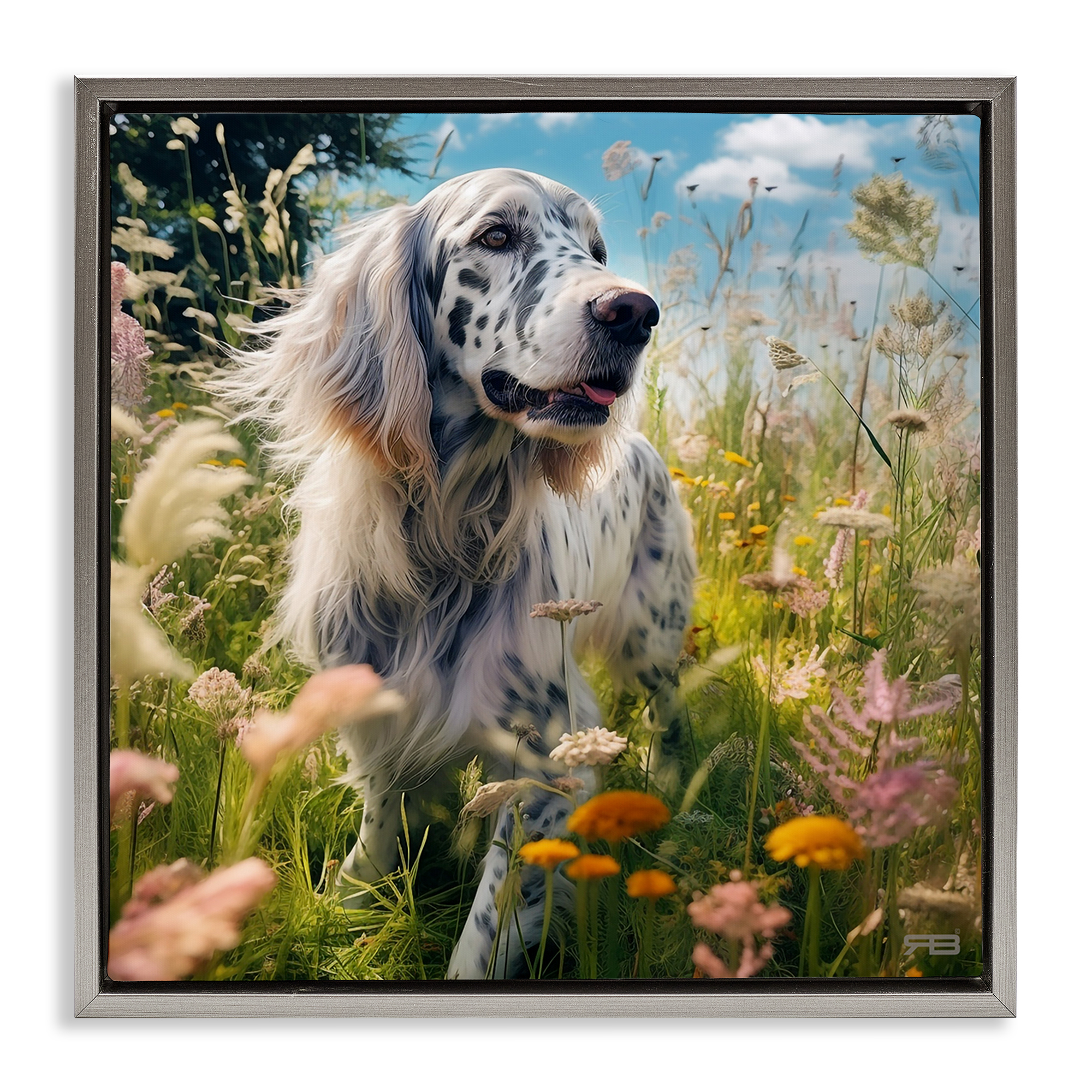 Stupell Industries Happy Dog Among Flowers Landscape Painting Gray Floater Framed Canvas Art Print Wall Art, 25 x 25