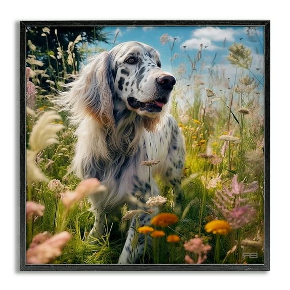 Stupell Industries Happy Dog Among Flowers Landscape Painting Gray Framed Art Print Wall Art, 17 x 17