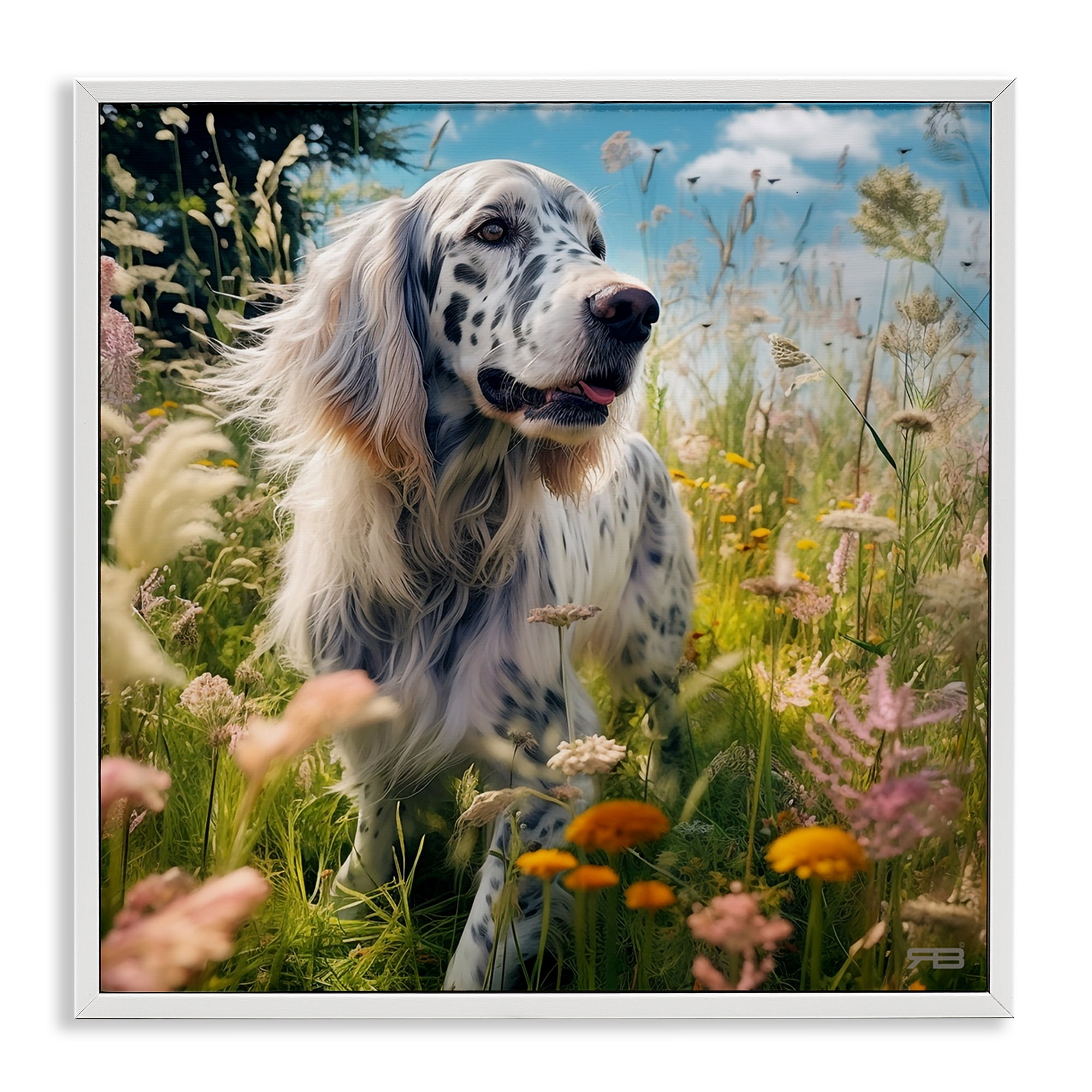 Stupell Industries Happy Dog Among Flowers Landscape Painting White Framed Art Print Wall Art, 24 x 24