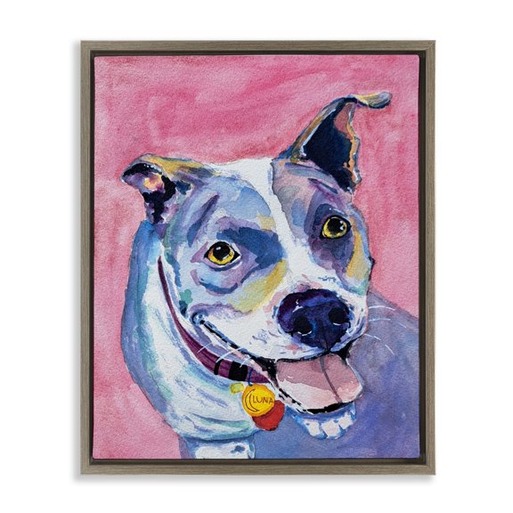 Happy Dog Expression Brown Floating Frame Canvas Art, 17 x 21, Made In USA