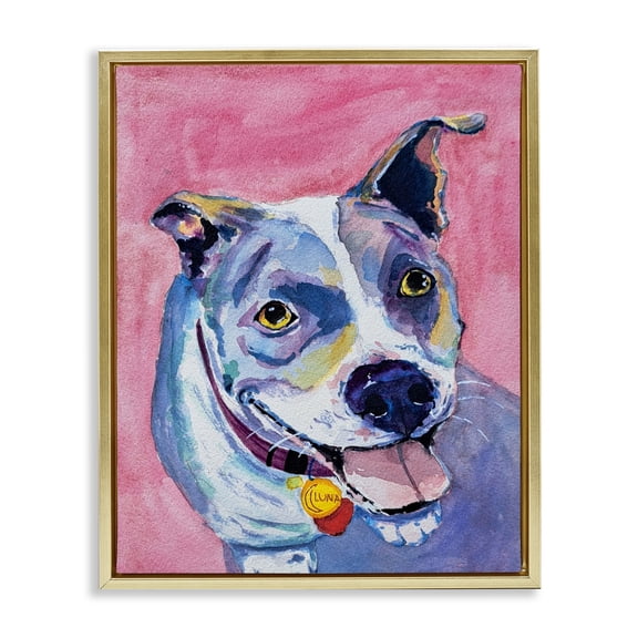 Happy Dog Expression Gold Floating Frame Canvas Art, 17 x 21, Made In USA