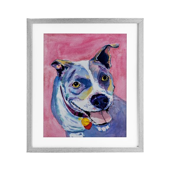 Happy Dog Expression Gray Framed Print Under Glass, 13 x 16, Made In USA