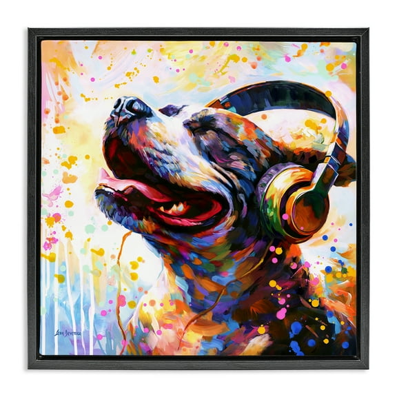 Stupell Industries Happy Dog & Headphones Animals & Insects Painting Black Floater Framed Canvas Art Print Wall Art, 18 x 18