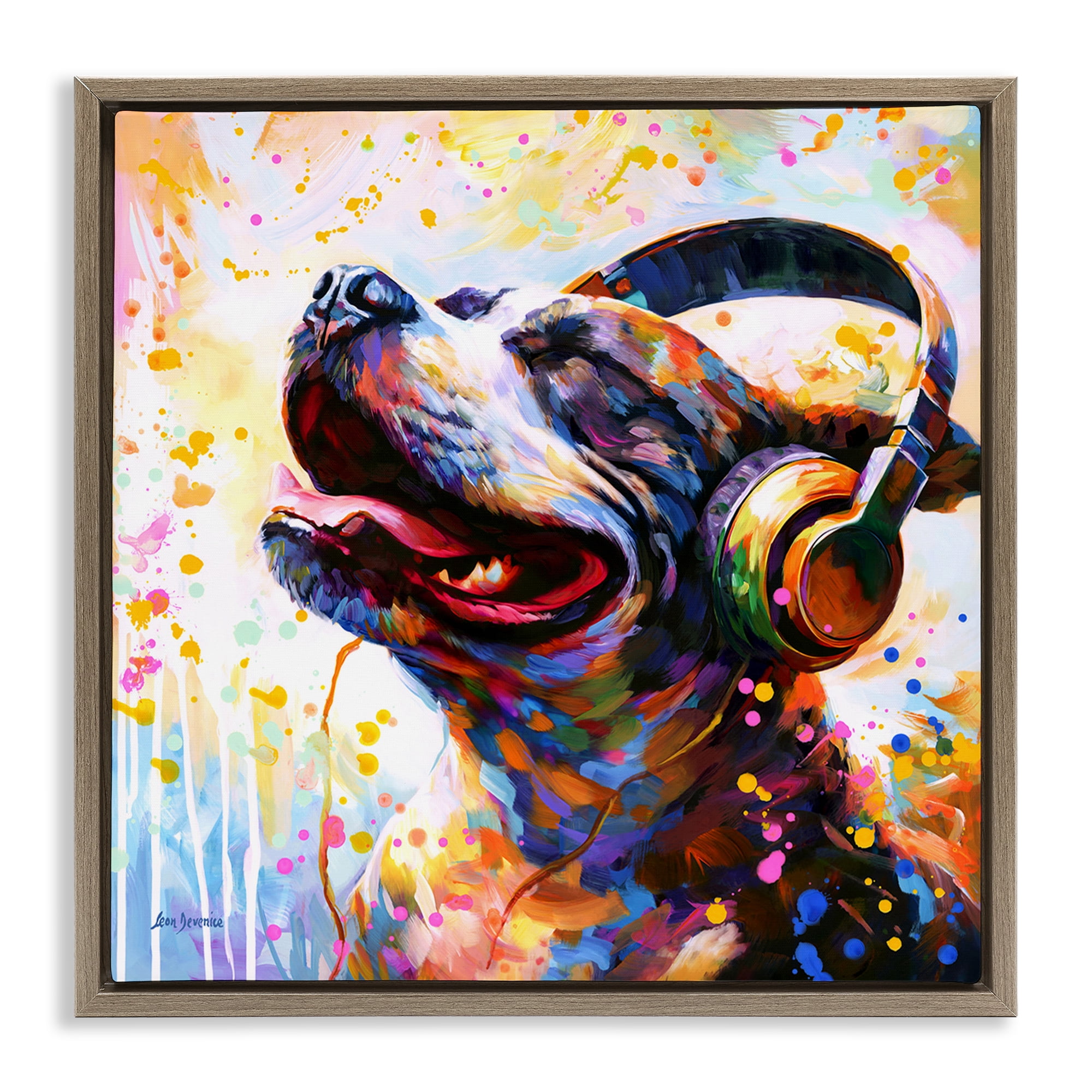Stupell Industries Happy Dog & Headphones Animals & Insects Painting Brown Floater Framed Canvas Art Print Wall Art, 18 x 18