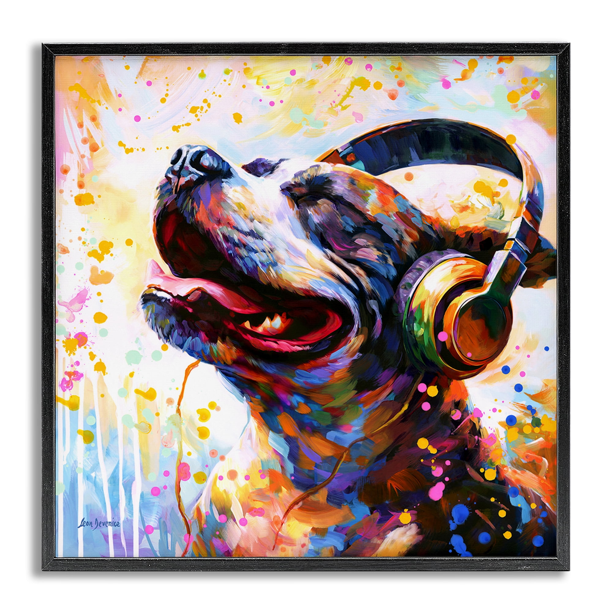 Stupell Industries Happy Dog & Headphones Animals & Insects Painting Gray Framed Art Print Wall Art, 24 x 24