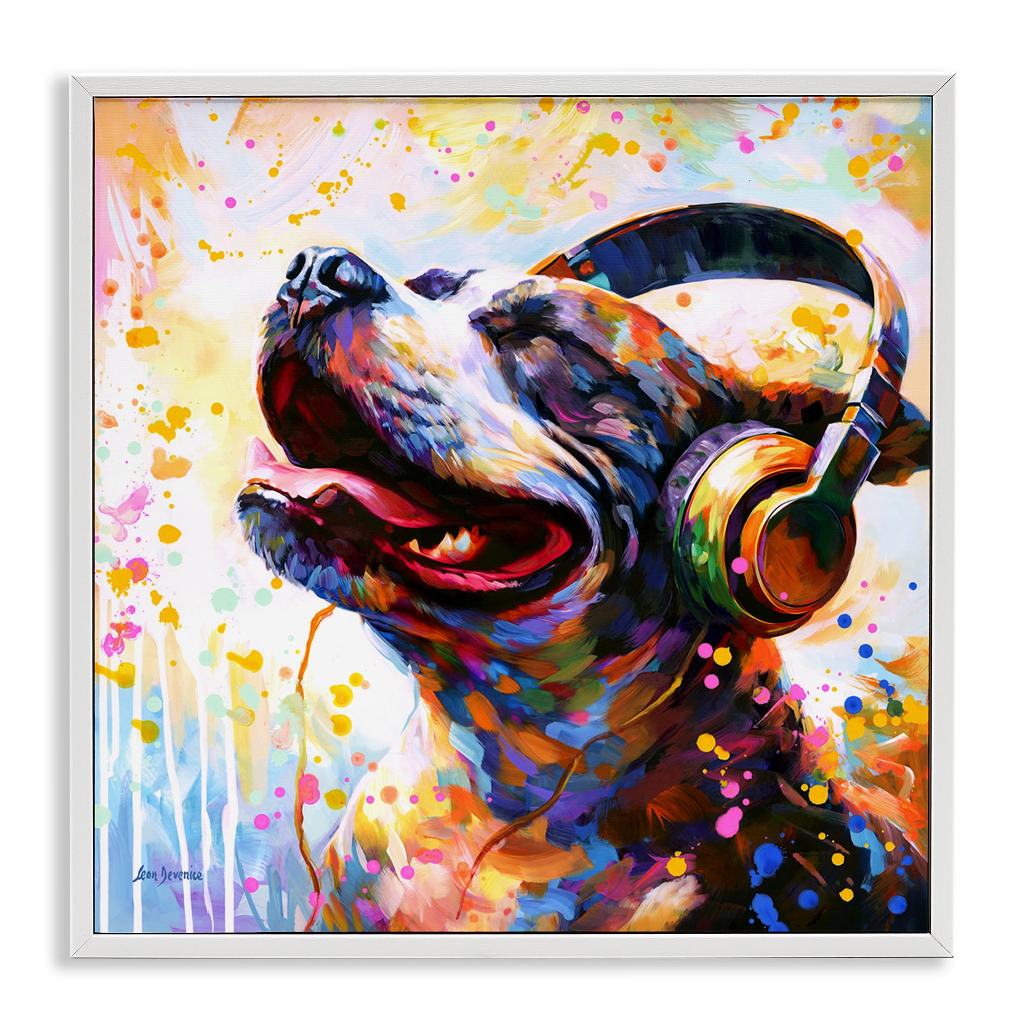 Stupell Industries Happy Dog & Headphones Animals & Insects Painting White Framed Art Print Wall Art, 17 x 17
