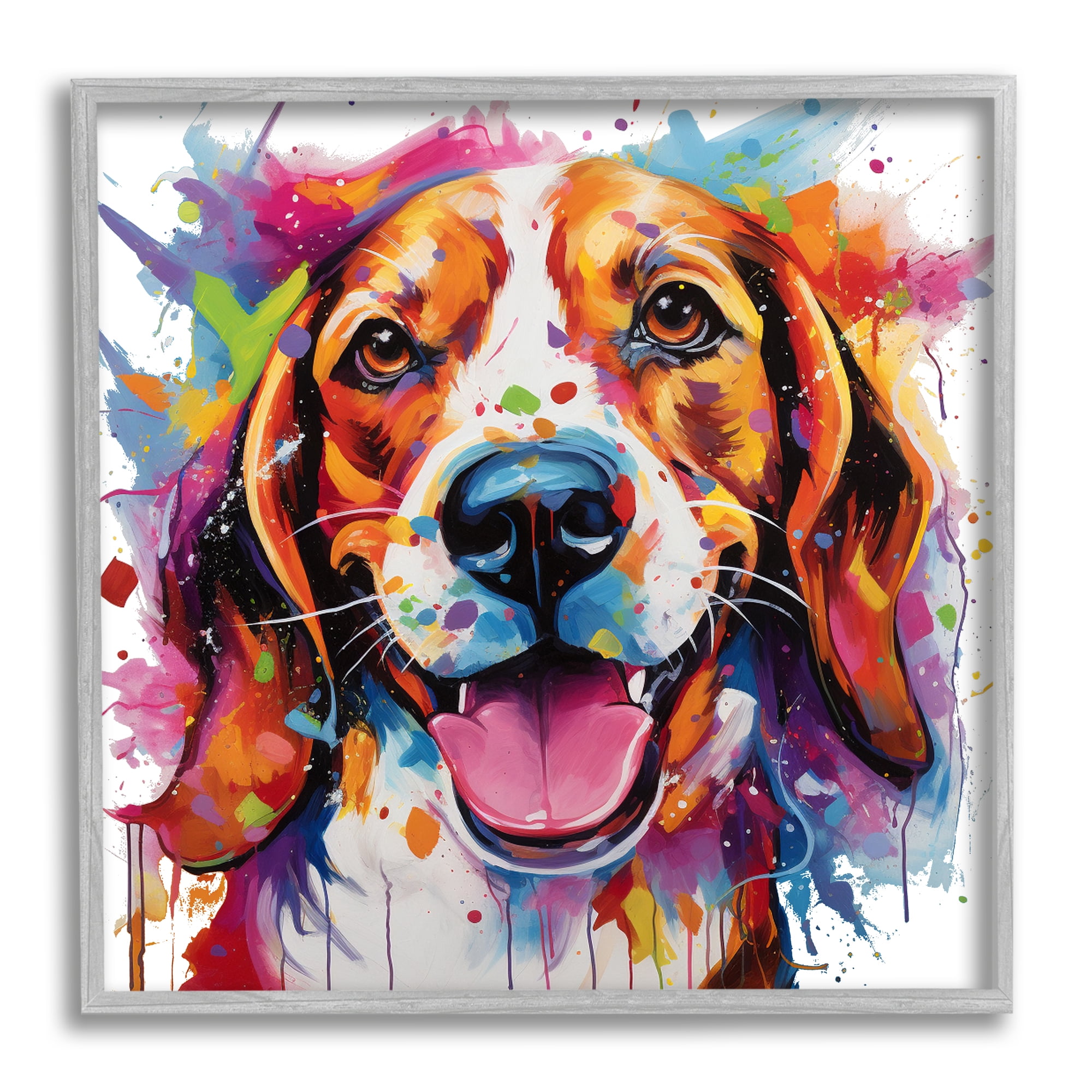 Stupell Industries Happy Dog Modern Splash Animals & Insects Painting Gray Framed Art Print Wall Art, 17 x 17