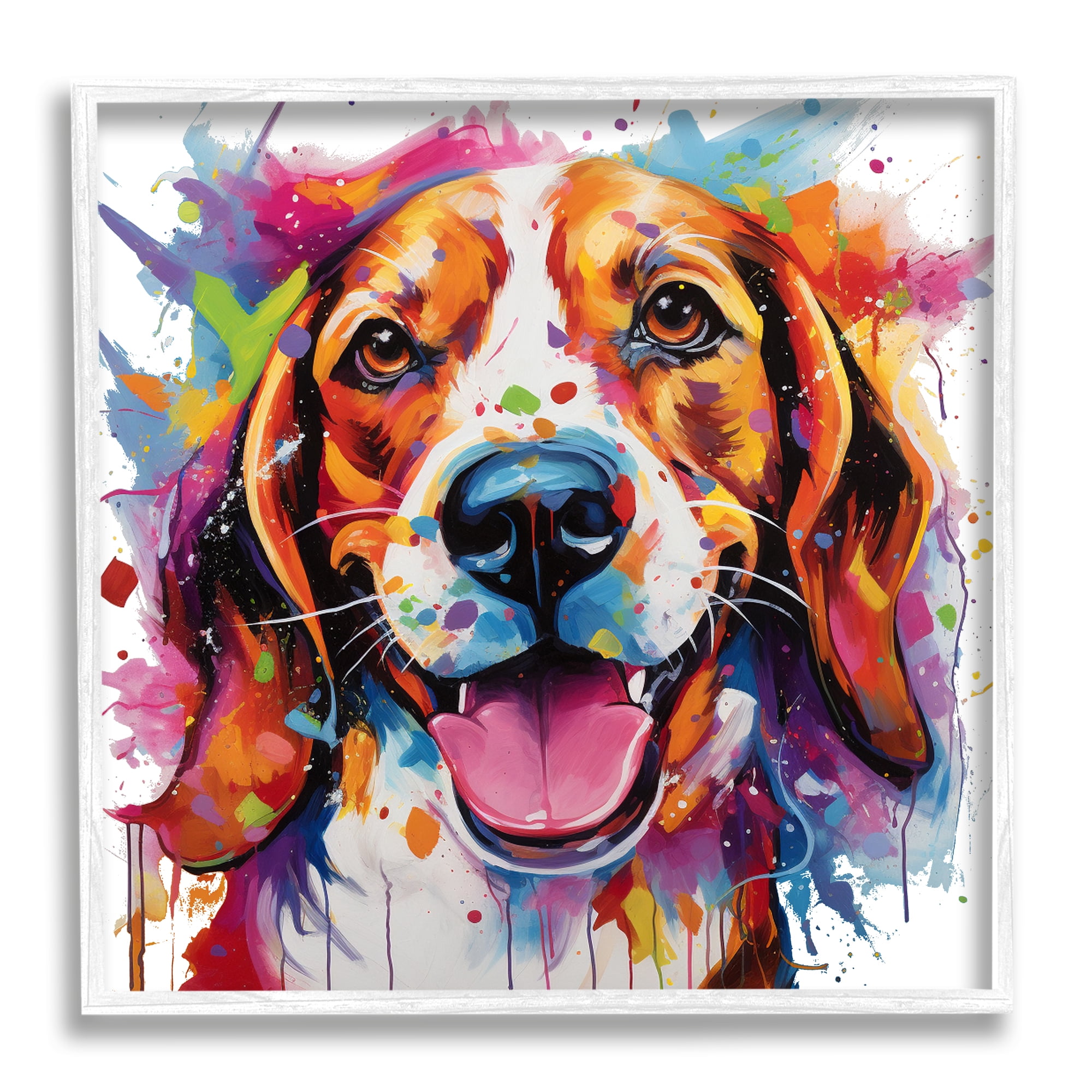 Stupell Industries Happy Dog Modern Splash Animals & Insects Painting White Framed Art Print Wall Art, 24 x 24