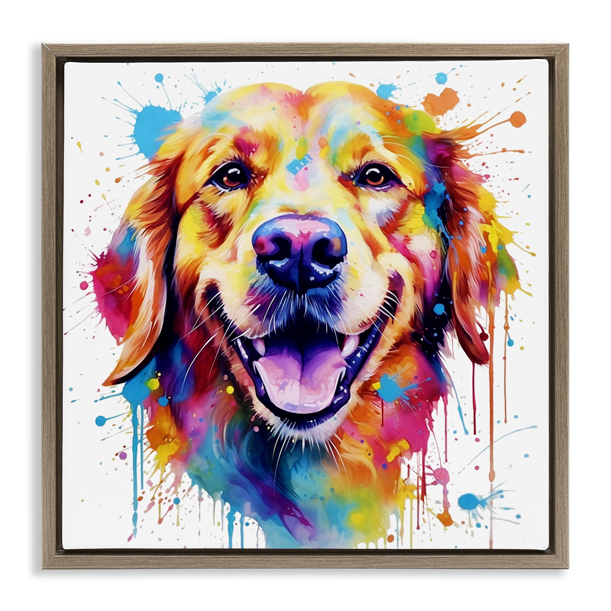 Stupell Industries Happy Dog Paint Drip Animals & Insects Painting Brown Floater Framed Canvas Art Print Wall Art, 18 x 18