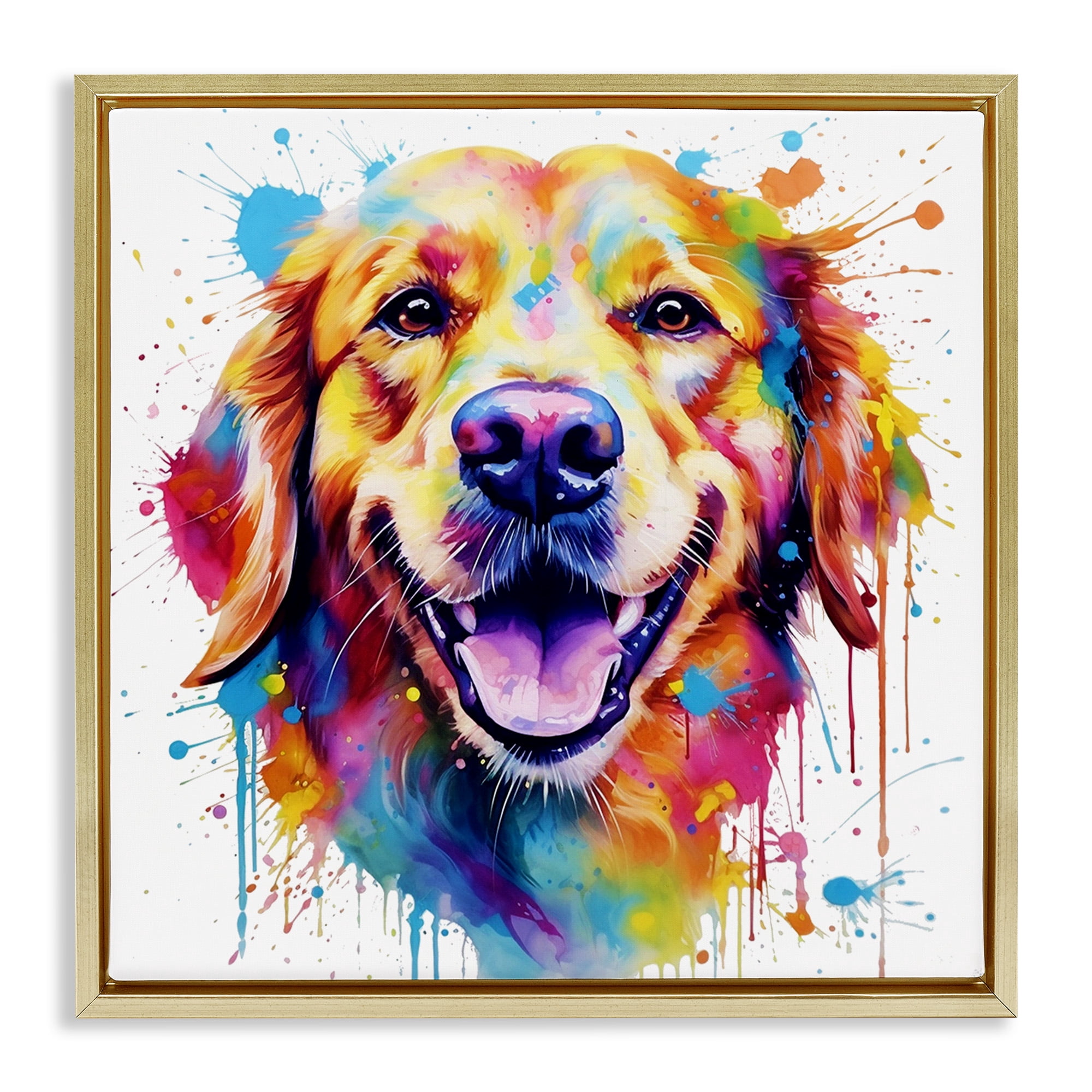 Stupell Industries Happy Dog Paint Drip Animals & Insects Painting Gold Floater Framed Canvas Art Print Wall Art, 18 x 18