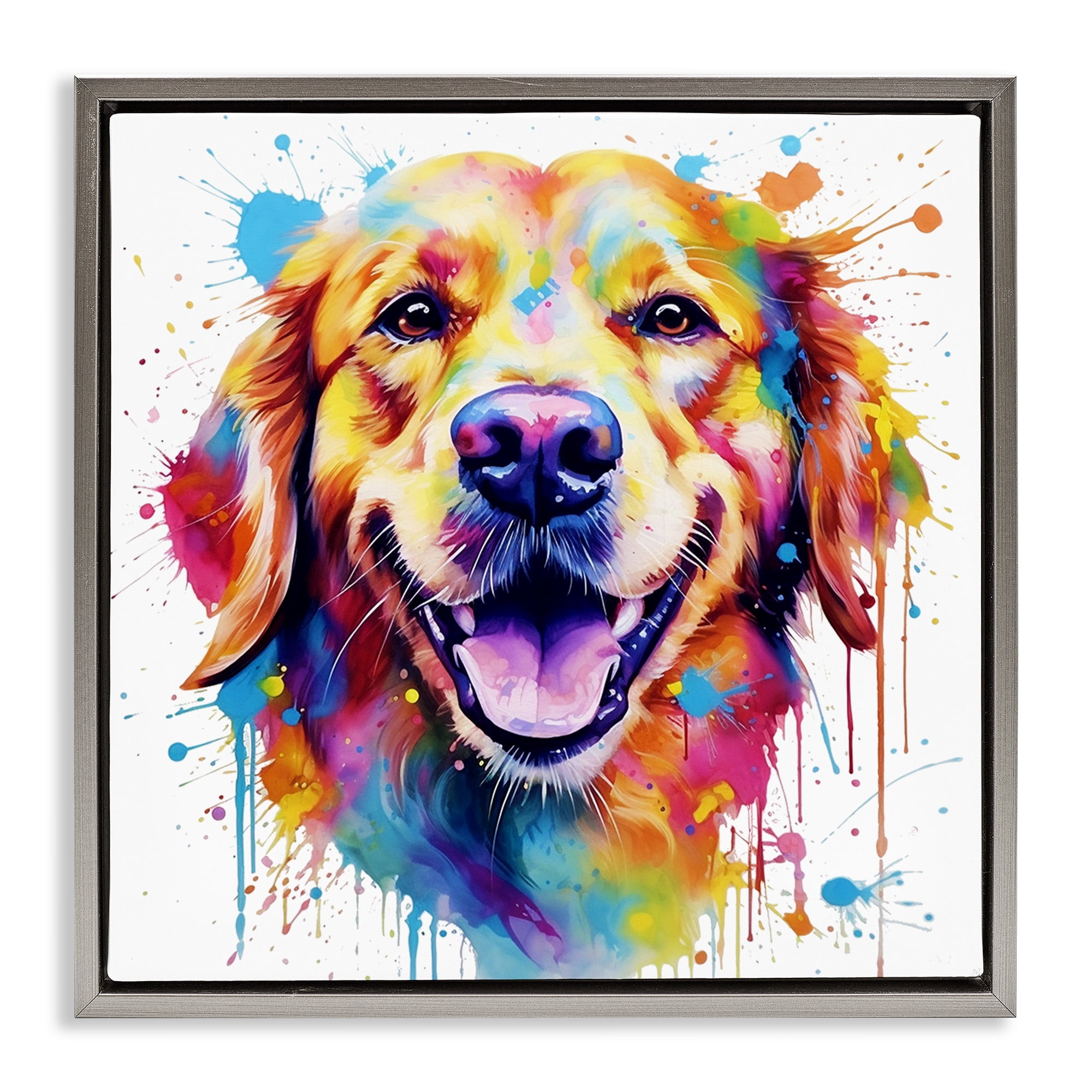 Stupell Industries Happy Dog Paint Drip Animals & Insects Painting Gray Floater Framed Canvas Art Print Wall Art, 25 x 25