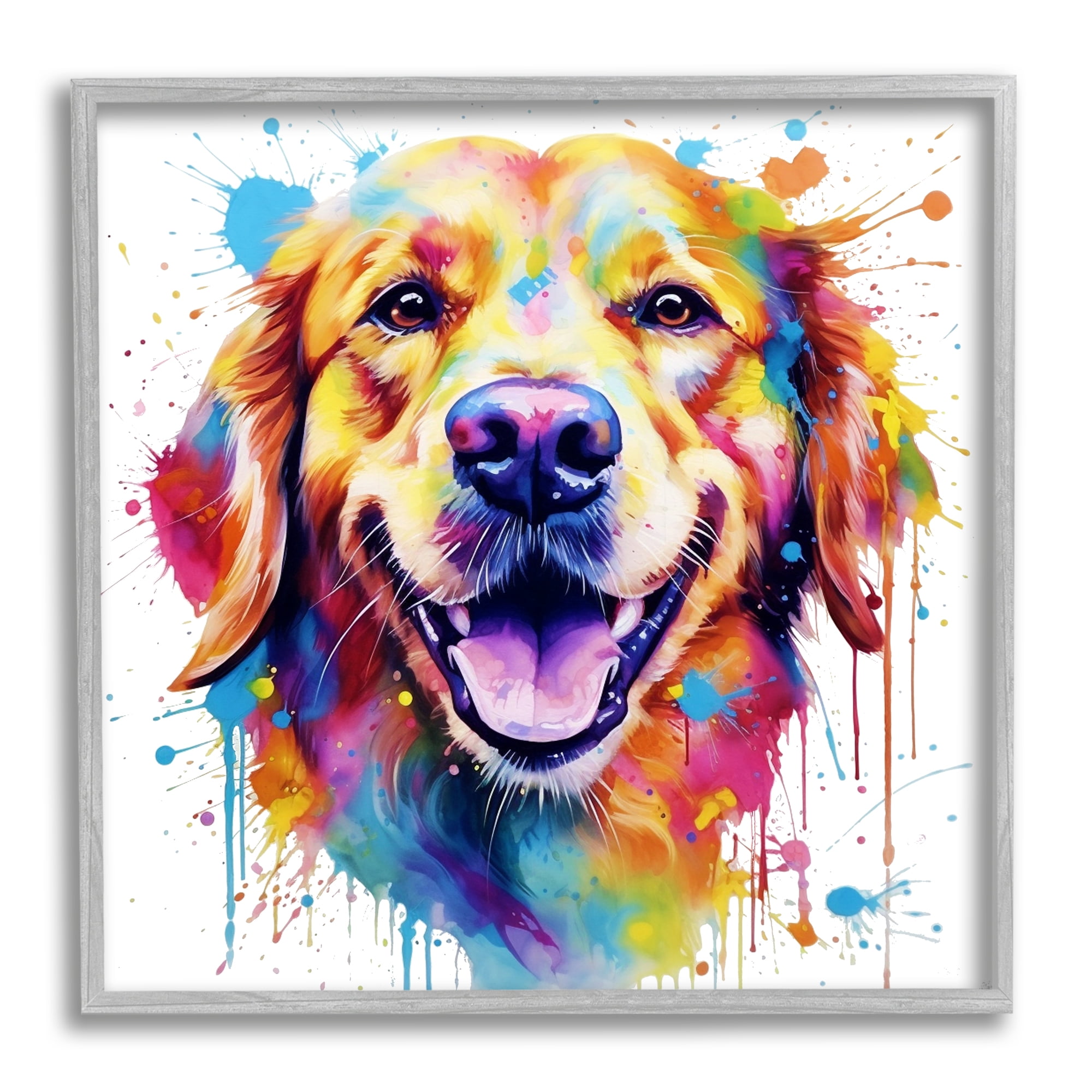Stupell Industries Happy Dog Paint Drip Animals & Insects Painting Gray Framed Art Print Wall Art, 17 x 17