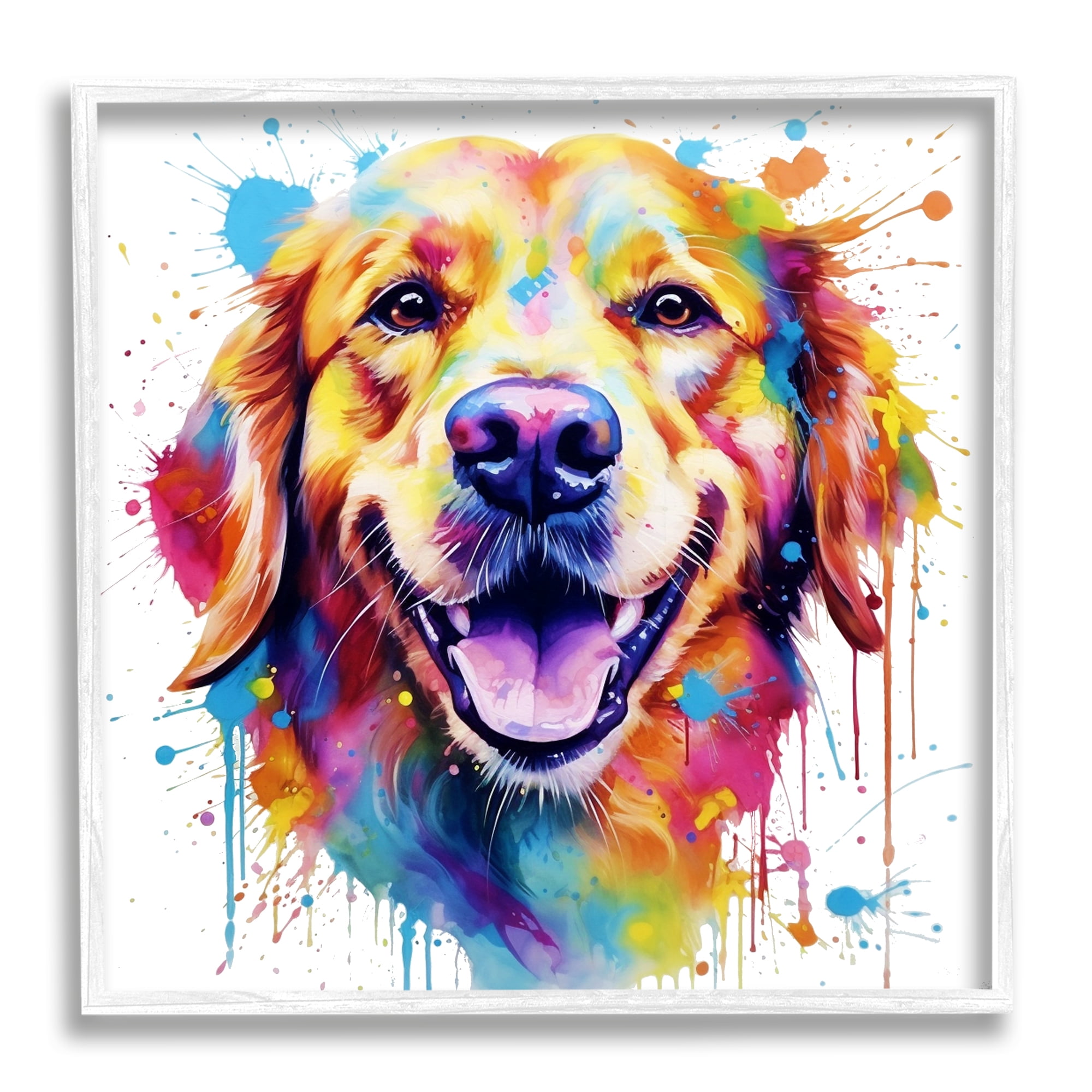 Stupell Industries Happy Dog Paint Drip Animals & Insects Painting White Framed Art Print Wall Art, 12 x 12