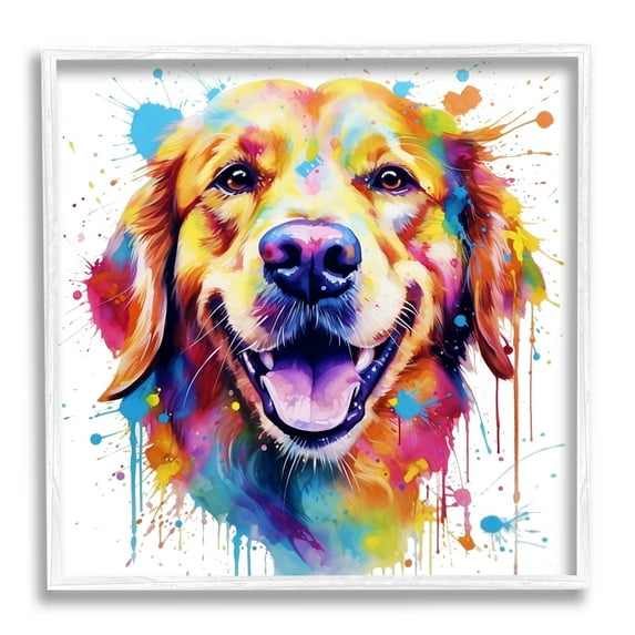 Stupell Industries Happy Dog Paint Drip Animals & Insects Painting White Framed Art Print Wall Art, 17 x 17