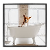 Stupell Industries Happy Dog in Bathroom Tub Animals Painting Black Framed Art Print Wall Art, 12 x 12