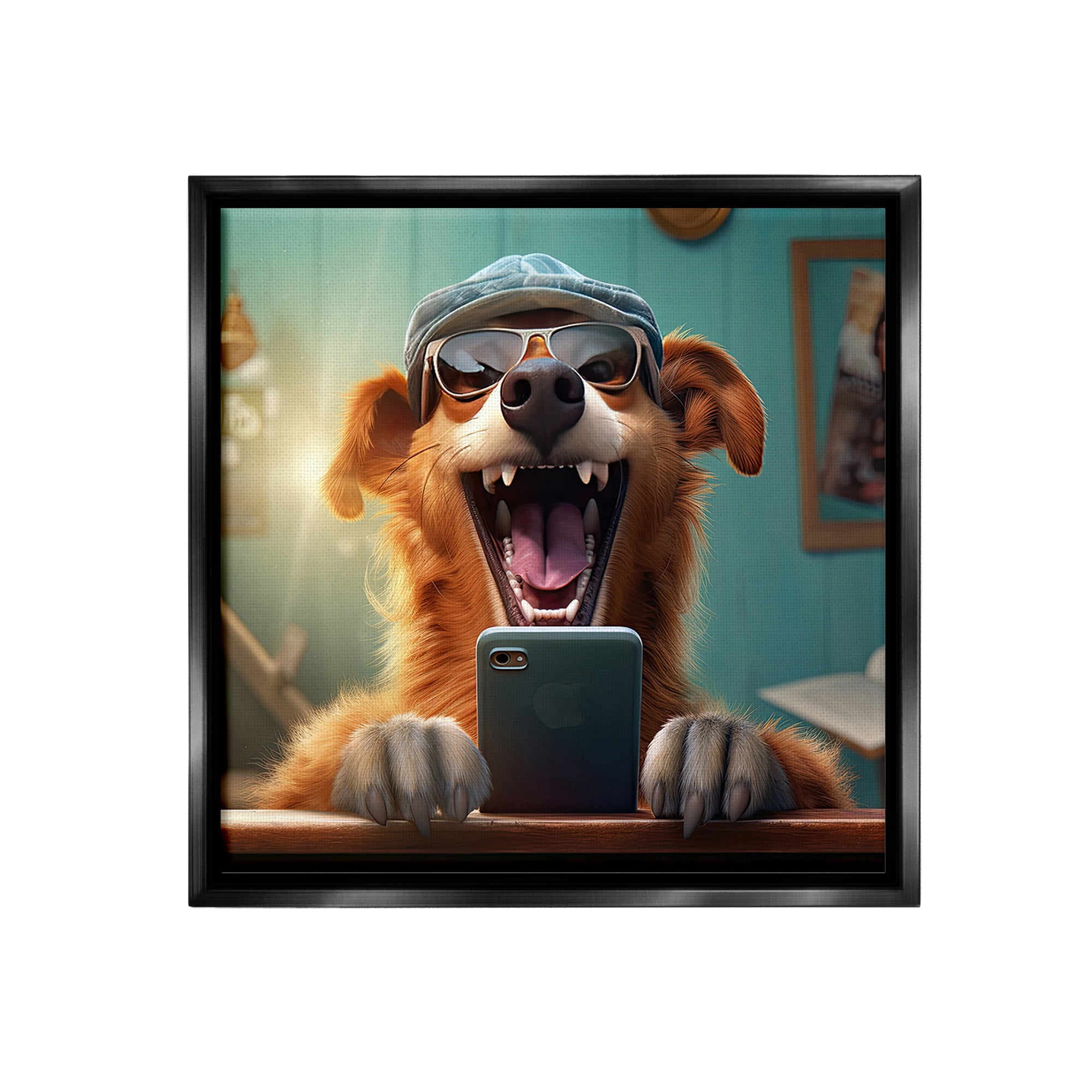 Stupell Industries Happy Dog on Cell Phone Animals & Insects Painting Black Floater Framed Canvas Art Print Wall Art, 18 x 18