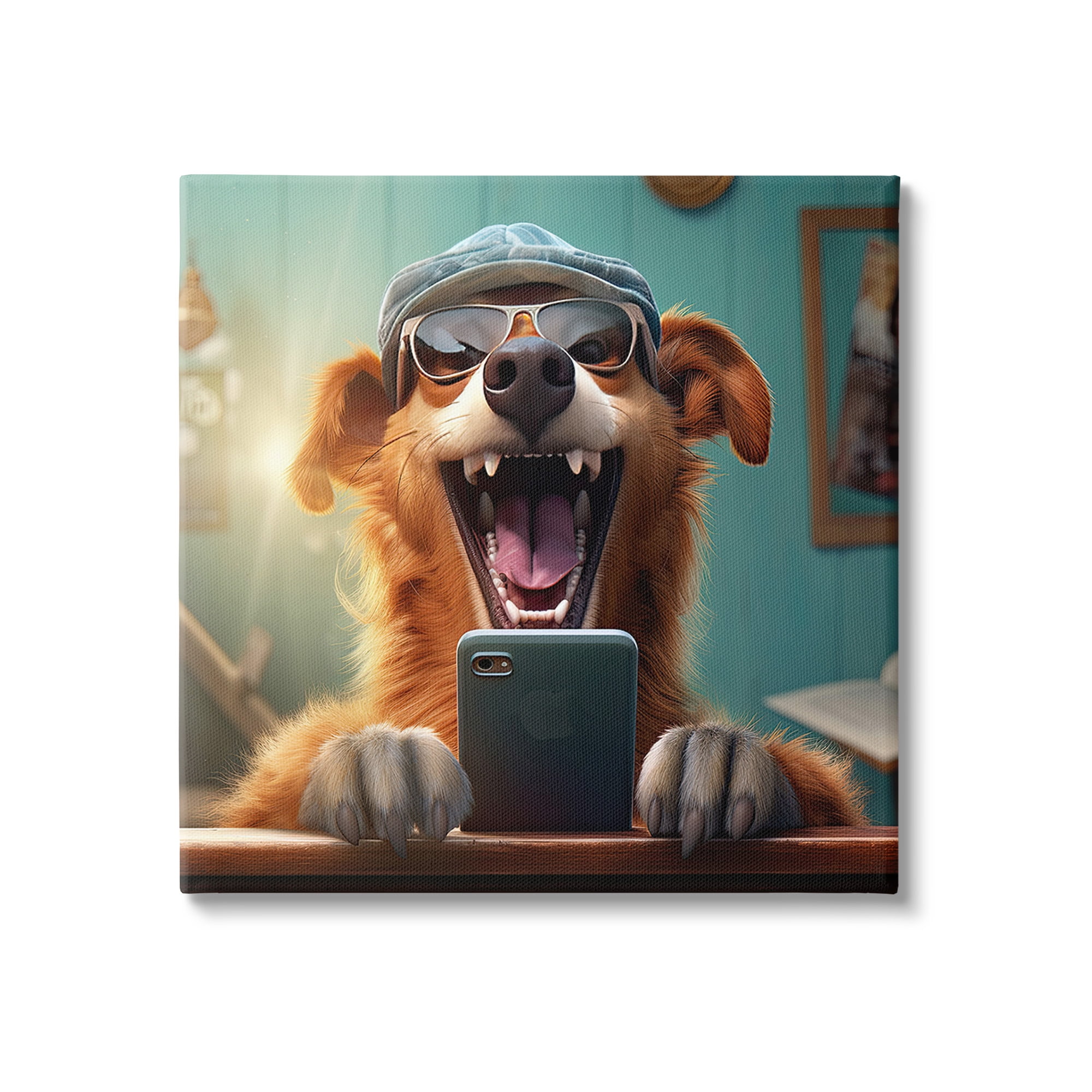 Stupell Industries Happy Dog on Cell Phone Animals & Insects Painting Gallery Wrapped Canvas Art Print Wall Art, 36 x 36