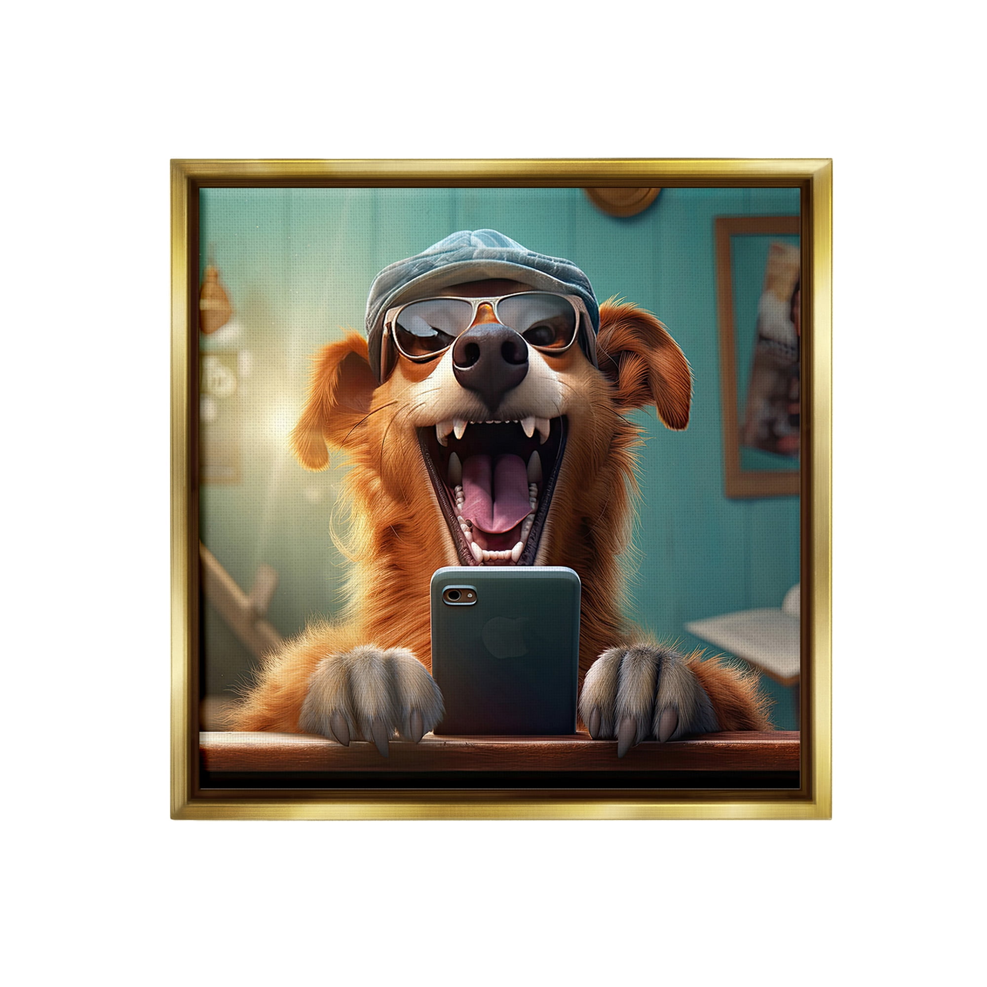 Stupell Industries Happy Dog on Cell Phone Animals & Insects Painting Gold Floater Framed Canvas Art Print Wall Art, 25 x 25