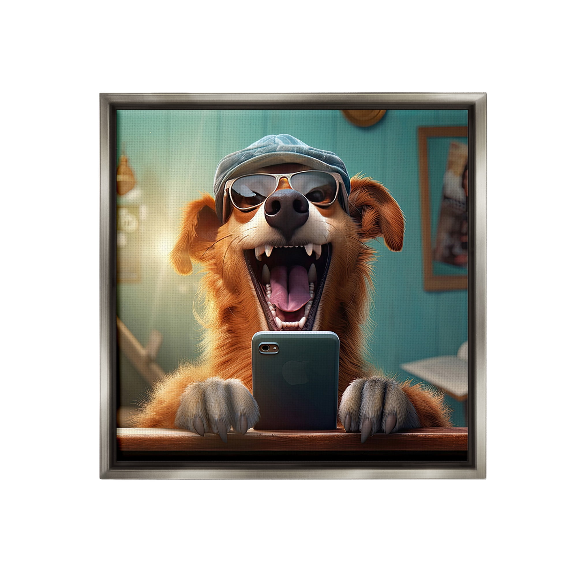 Stupell Industries Happy Dog on Cell Phone Animals & Insects Painting Gray Floater Framed Canvas Art Print Wall Art, 18 x 18