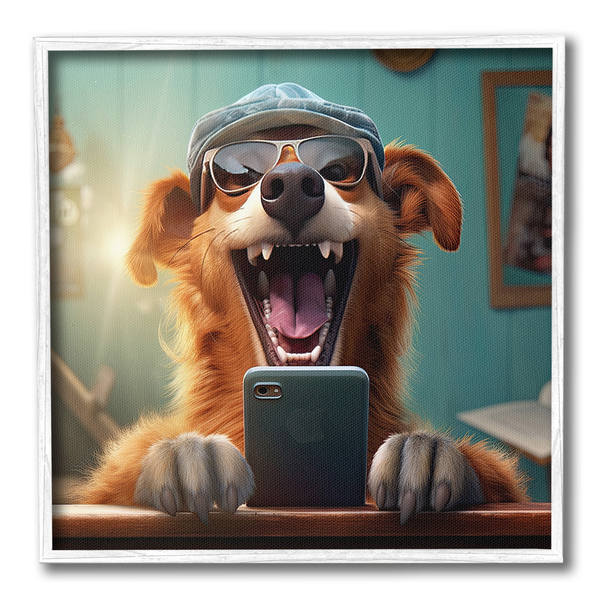 Stupell Industries Happy Dog on Cell Phone Animals & Insects Painting White Framed Art Print Wall Art, 12 x 12