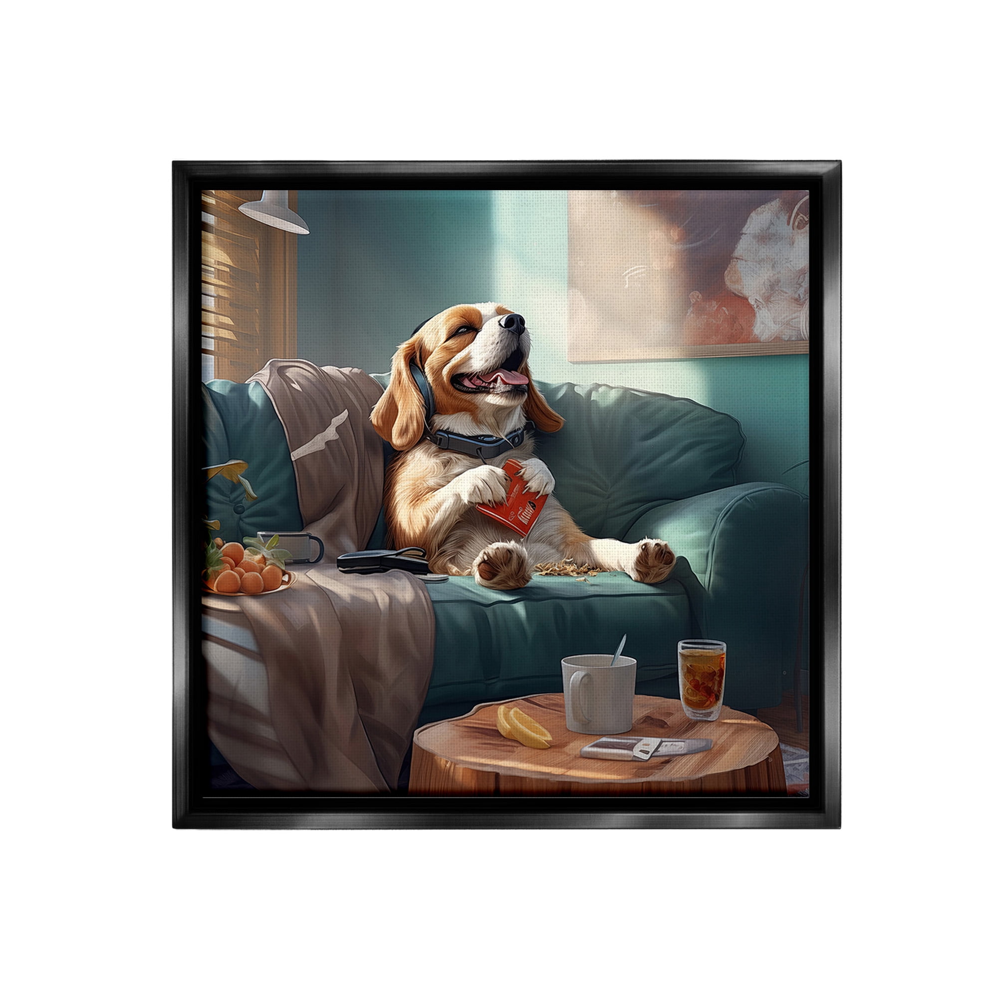 Stupell Industries Happy Dog on Couch Animals & Insects Painting Black Floater Framed Canvas Art Print Wall Art, 25 x 25