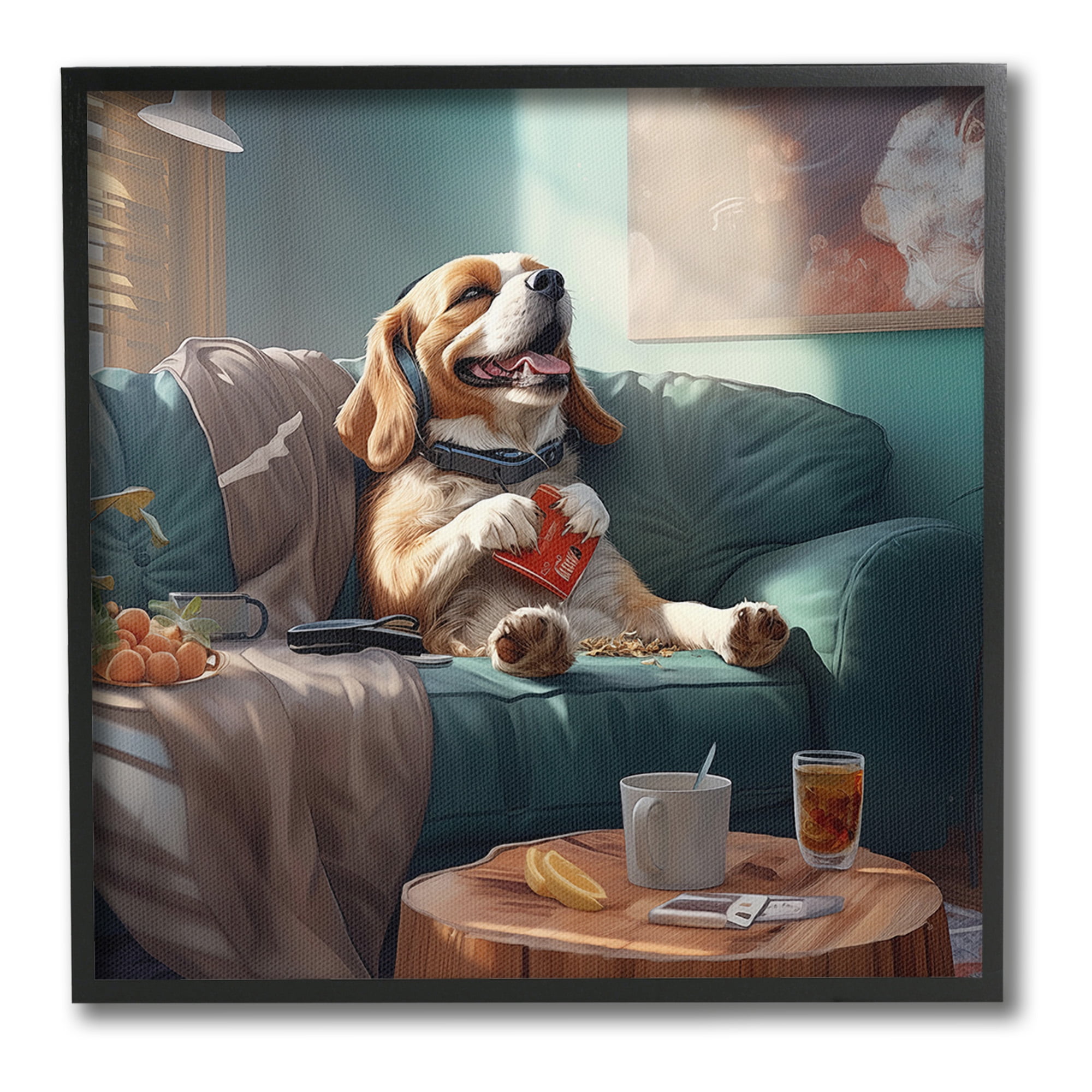 Stupell Industries Happy Dog on Couch Animals & Insects Painting Black Framed Art Print Wall Art, 12 x 12
