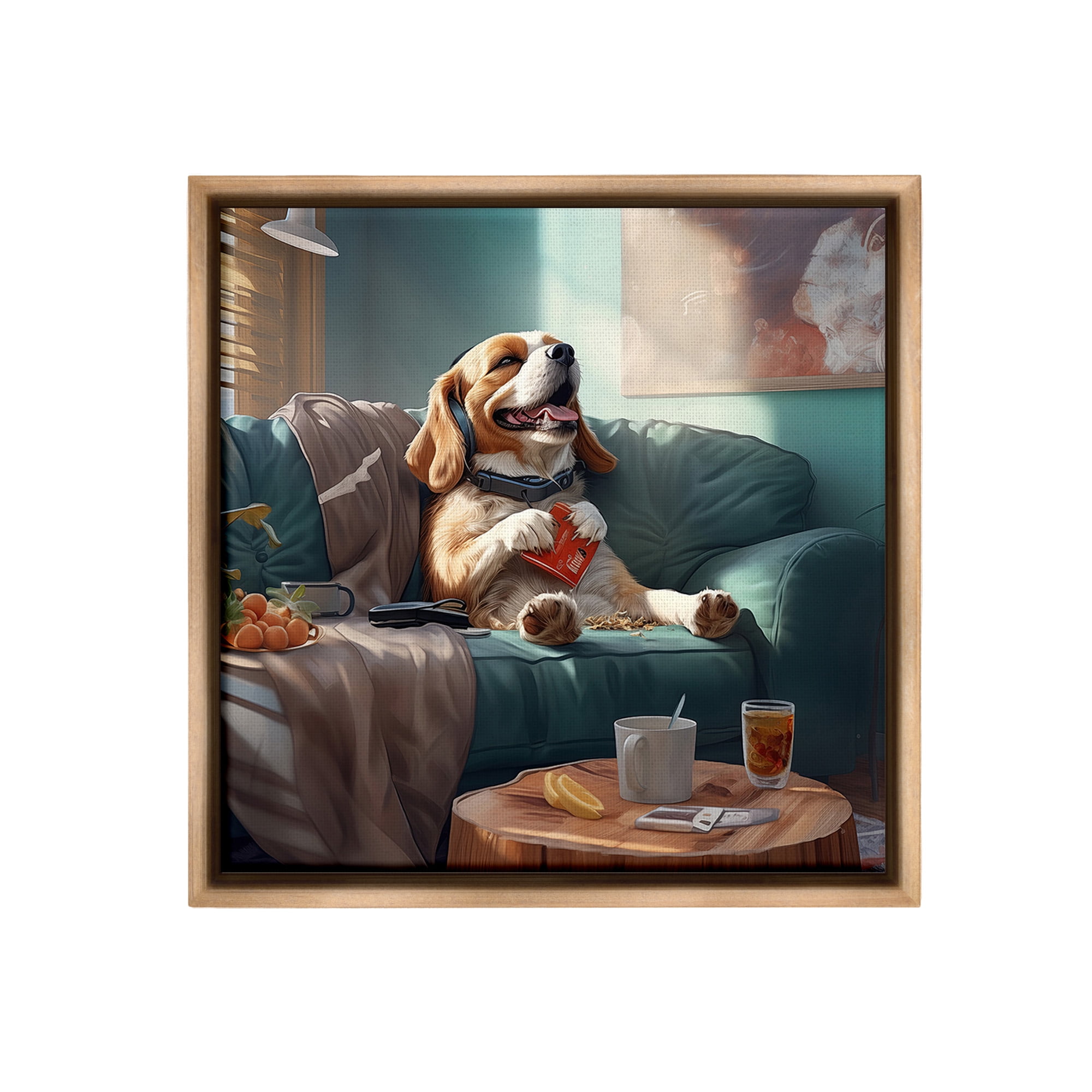 Stupell Industries Happy Dog on Couch Animals & Insects Painting Brown Floater Framed Canvas Art Print Wall Art, 18 x 18