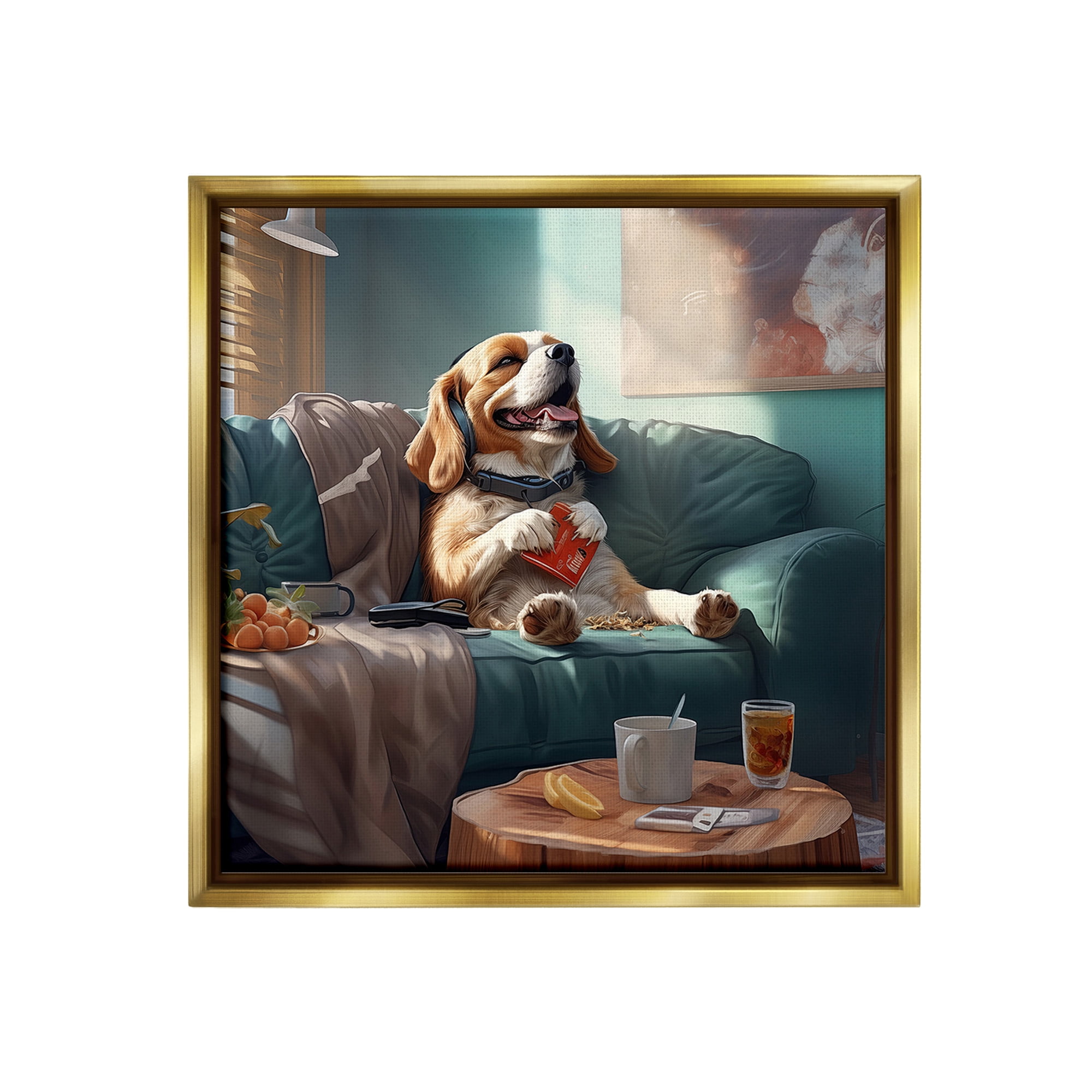 Stupell Industries Happy Dog on Couch Animals & Insects Painting Gold Floater Framed Canvas Art Print Wall Art, 25 x 25