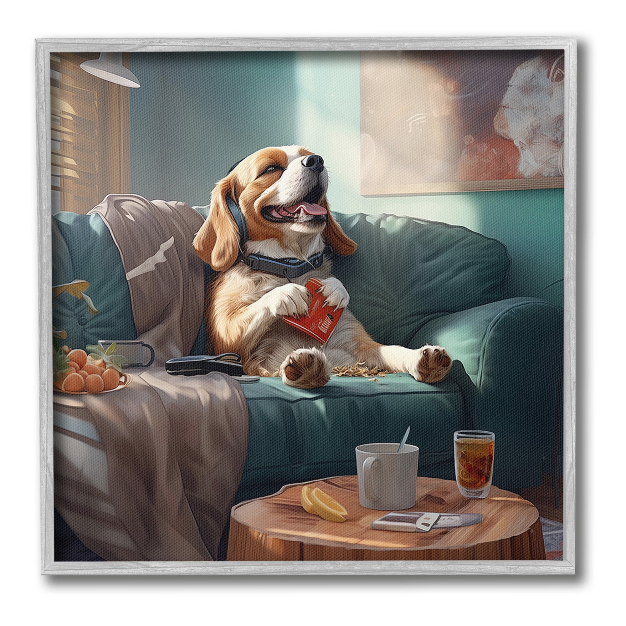 Stupell Industries Happy Dog on Couch Animals & Insects Painting Gray Framed Art Print Wall Art, 24 x 24