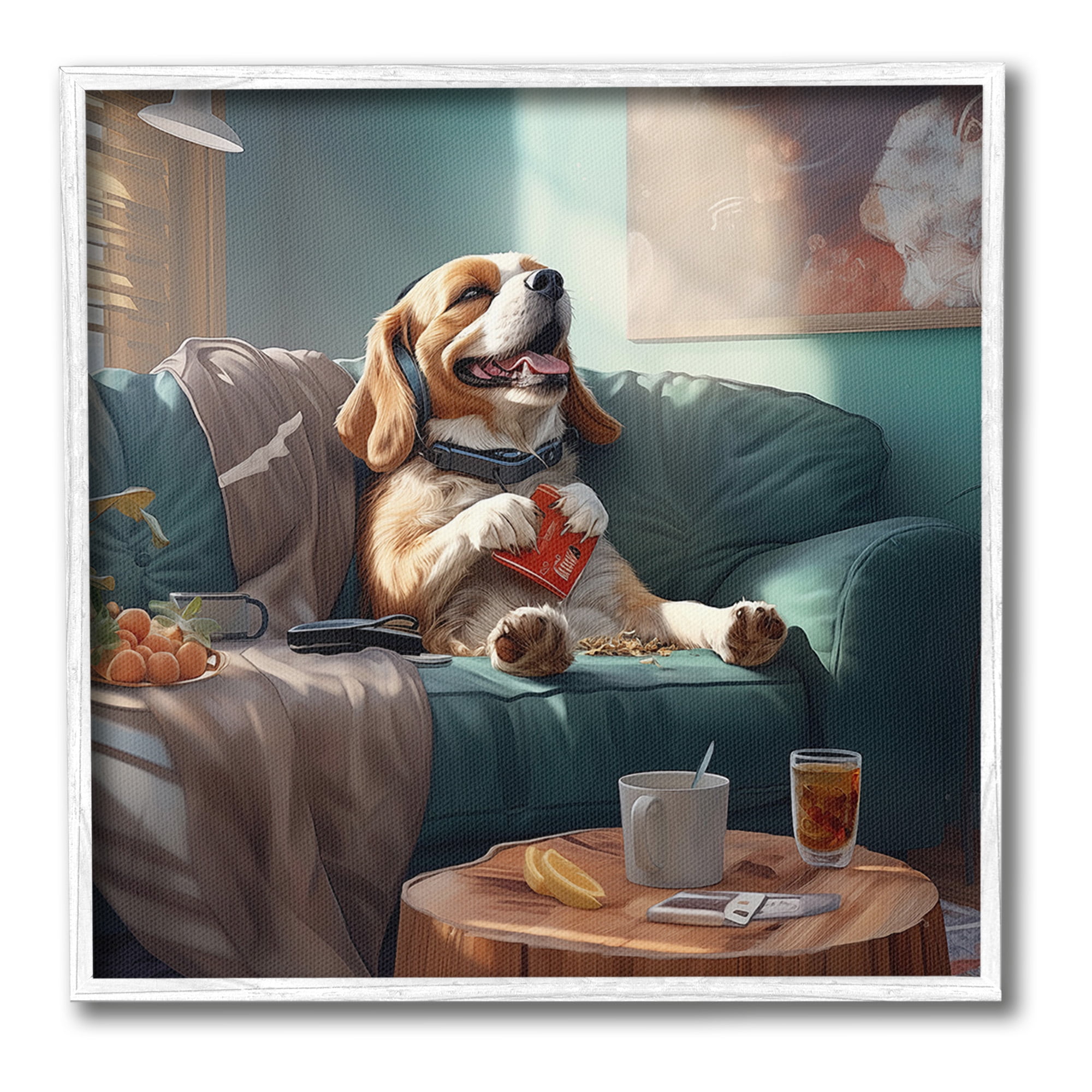 Stupell Industries Happy Dog on Couch Animals & Insects Painting White Framed Art Print Wall Art, 17 x 17
