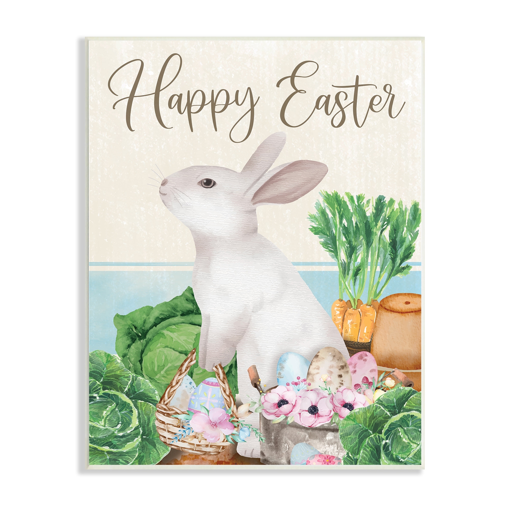 Stupell Industries Happy Easter Bunny Rabbit Greens Eggs Basket , 10 x 15, Design by ND Art