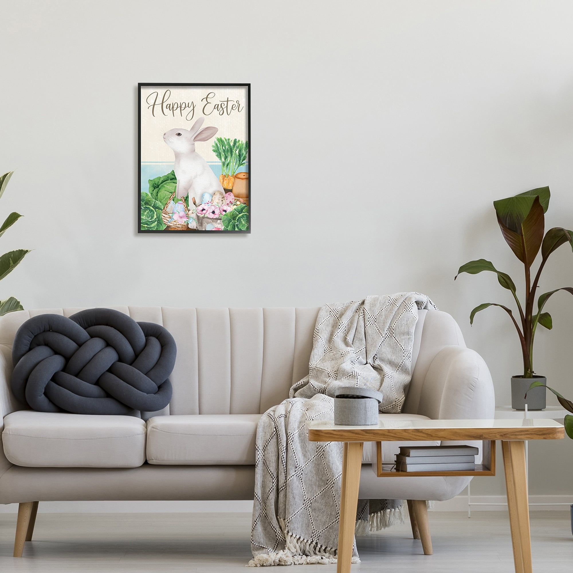Stupell Industries Happy Easter Bunny Rabbit Greens Eggs Basket Graphic Art Black Framed Art Print Wall Art, 16x20, by ND Art