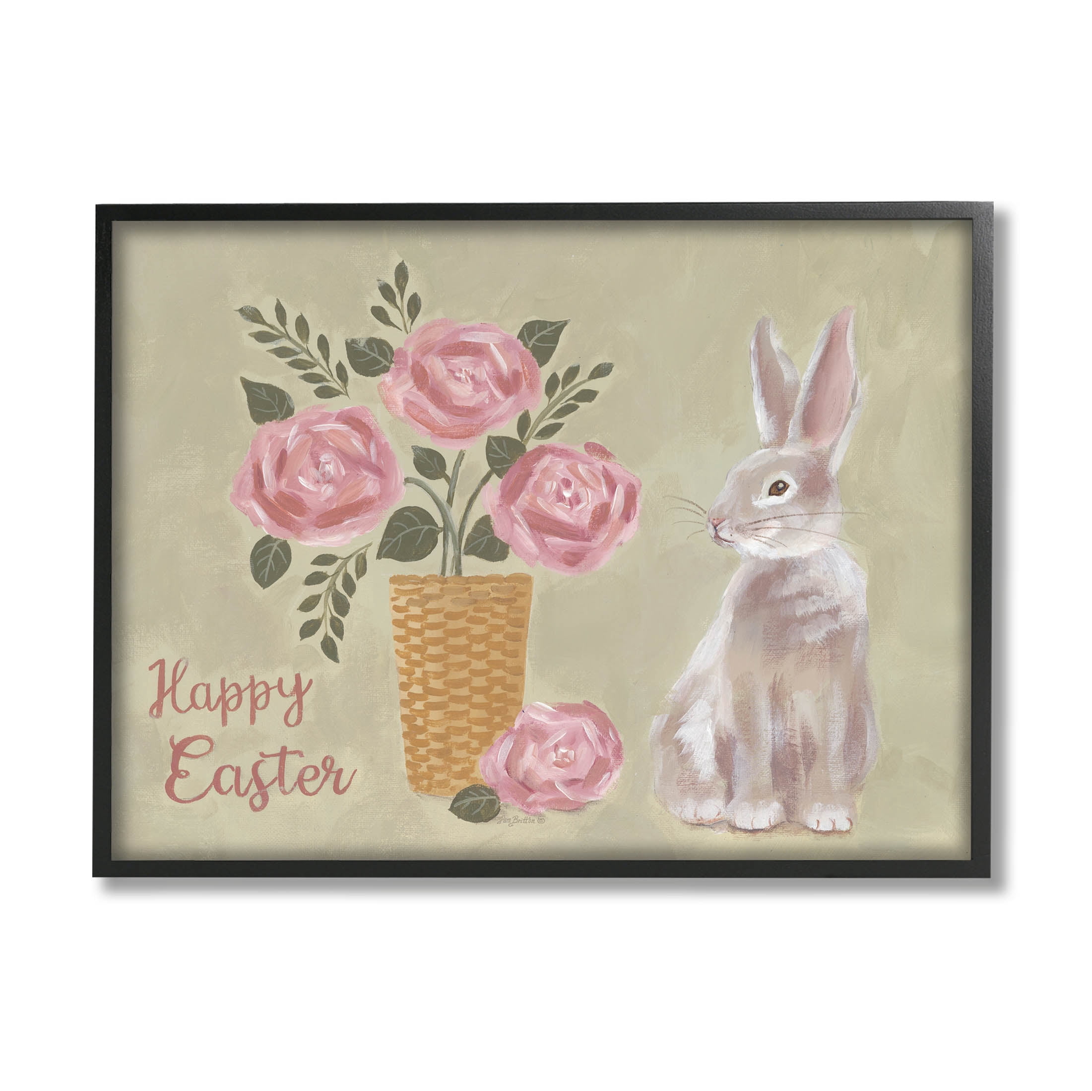 Stupell Industries Happy Easter Bunny Rose Bouquet Graphic Art Black Framed Art Print Wall Art, Design by Pam Britton