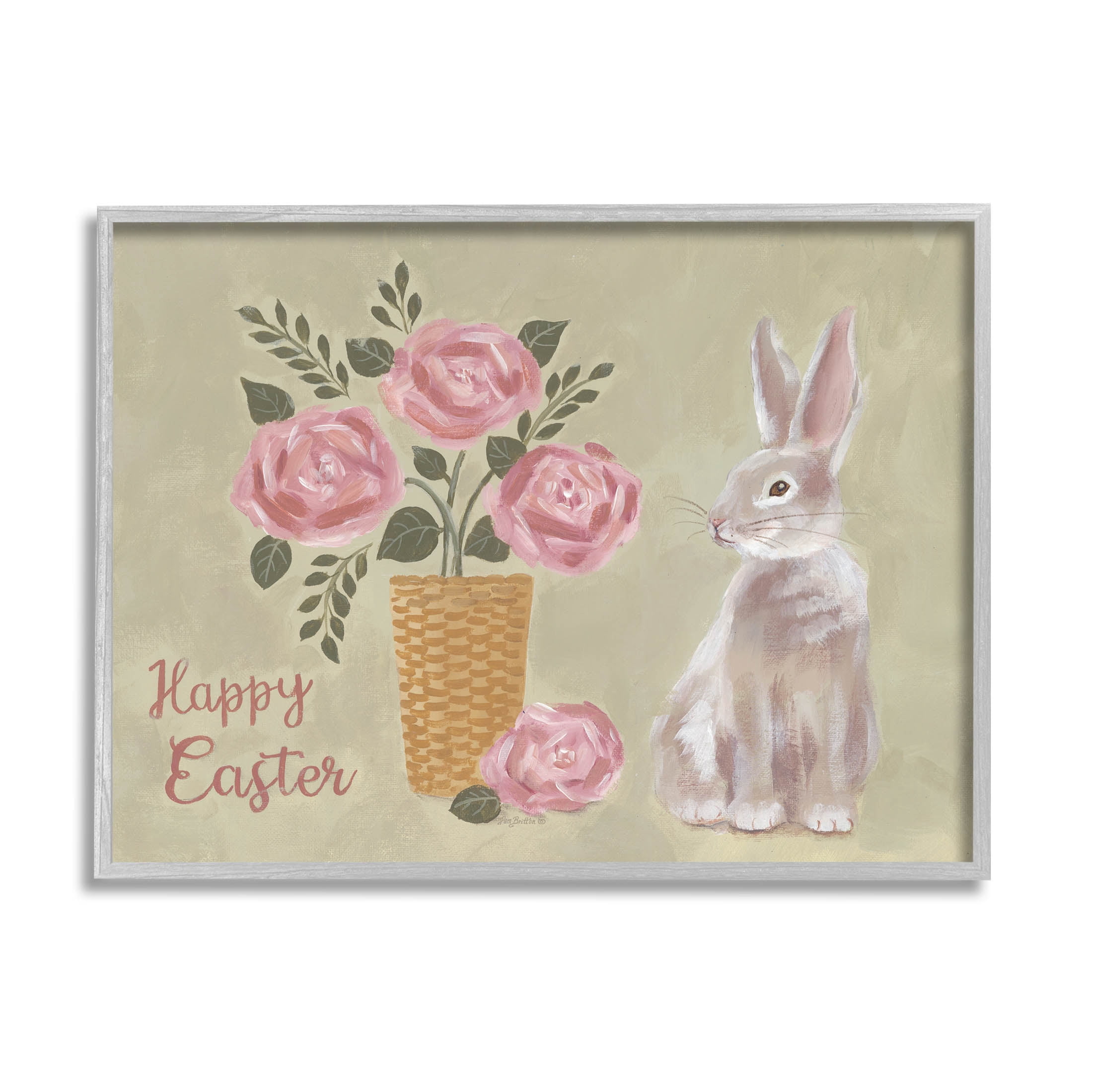 Stupell Industries Happy Easter Bunny Rose Bouquet Graphic Art Gray Framed Art Print Wall Art, Design by Pam Britton