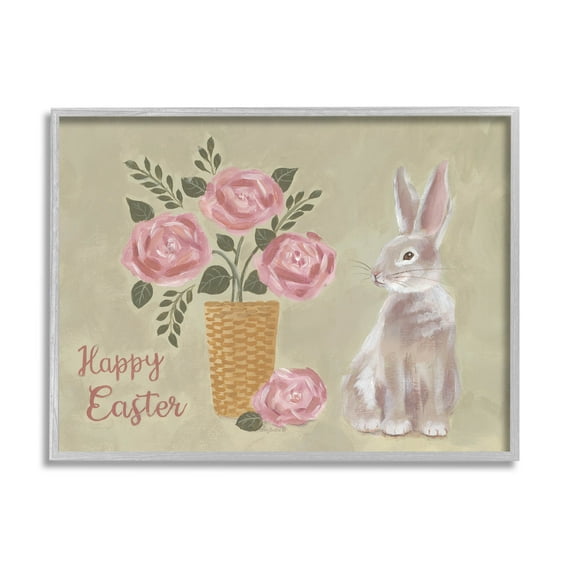 Stupell Industries Happy Easter Bunny Rose Bouquet Graphic Art Gray Framed Art Print Wall Art, Design by Pam Britton