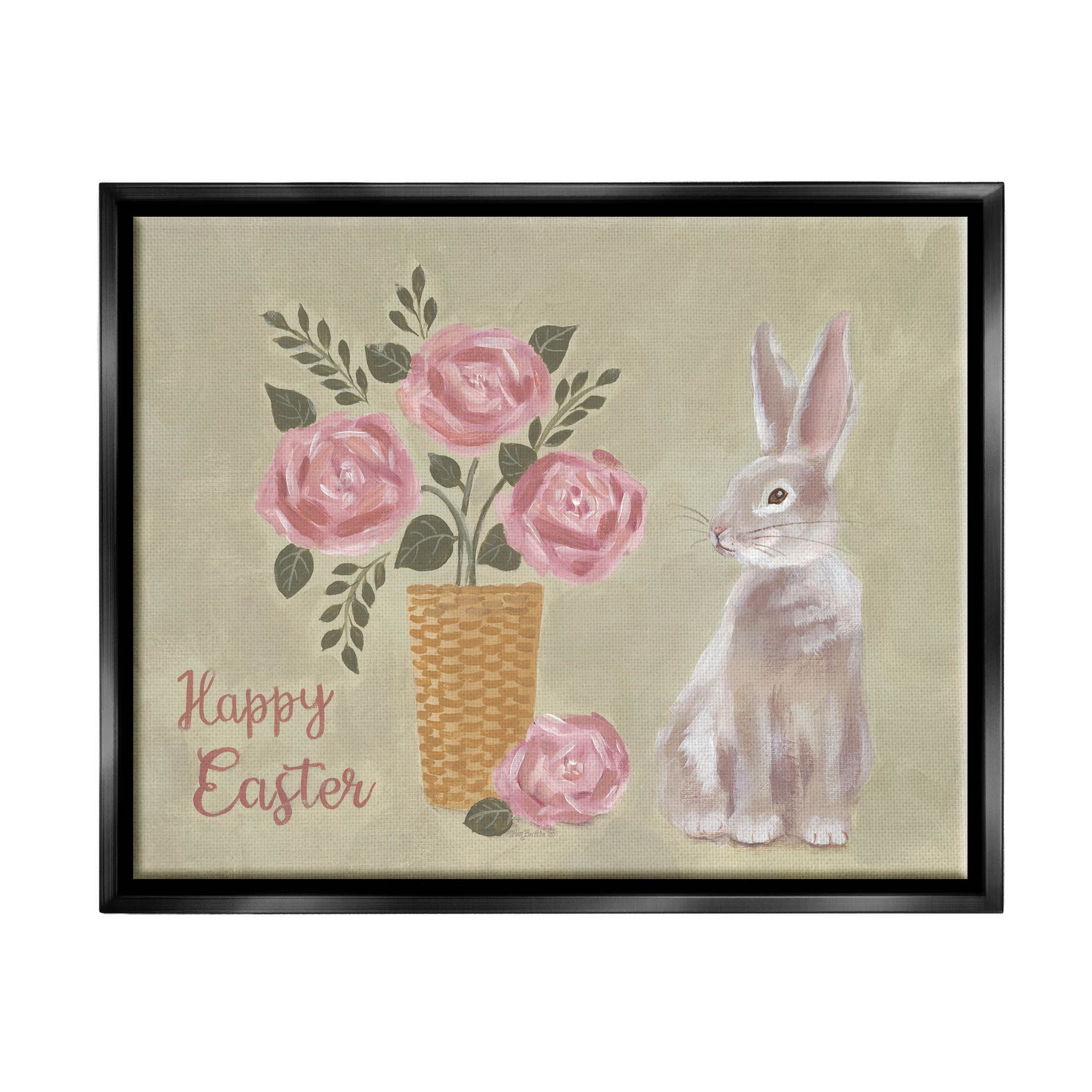Stupell Industries Happy Easter Bunny Rose Bouquet Graphic Art Jet Black Floating Framed Canvas Print Wall Art, Design by Pam Britton