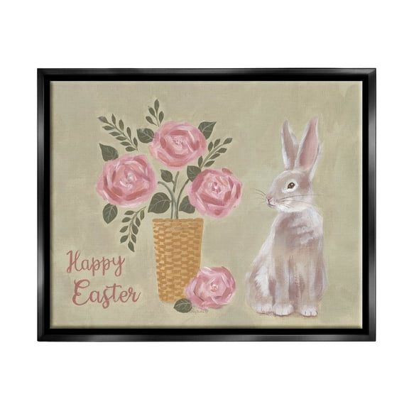 Stupell Industries Happy Easter Bunny Rose Bouquet Graphic Art Jet Black Floating Framed Canvas Print Wall Art, Design by Pam Britton