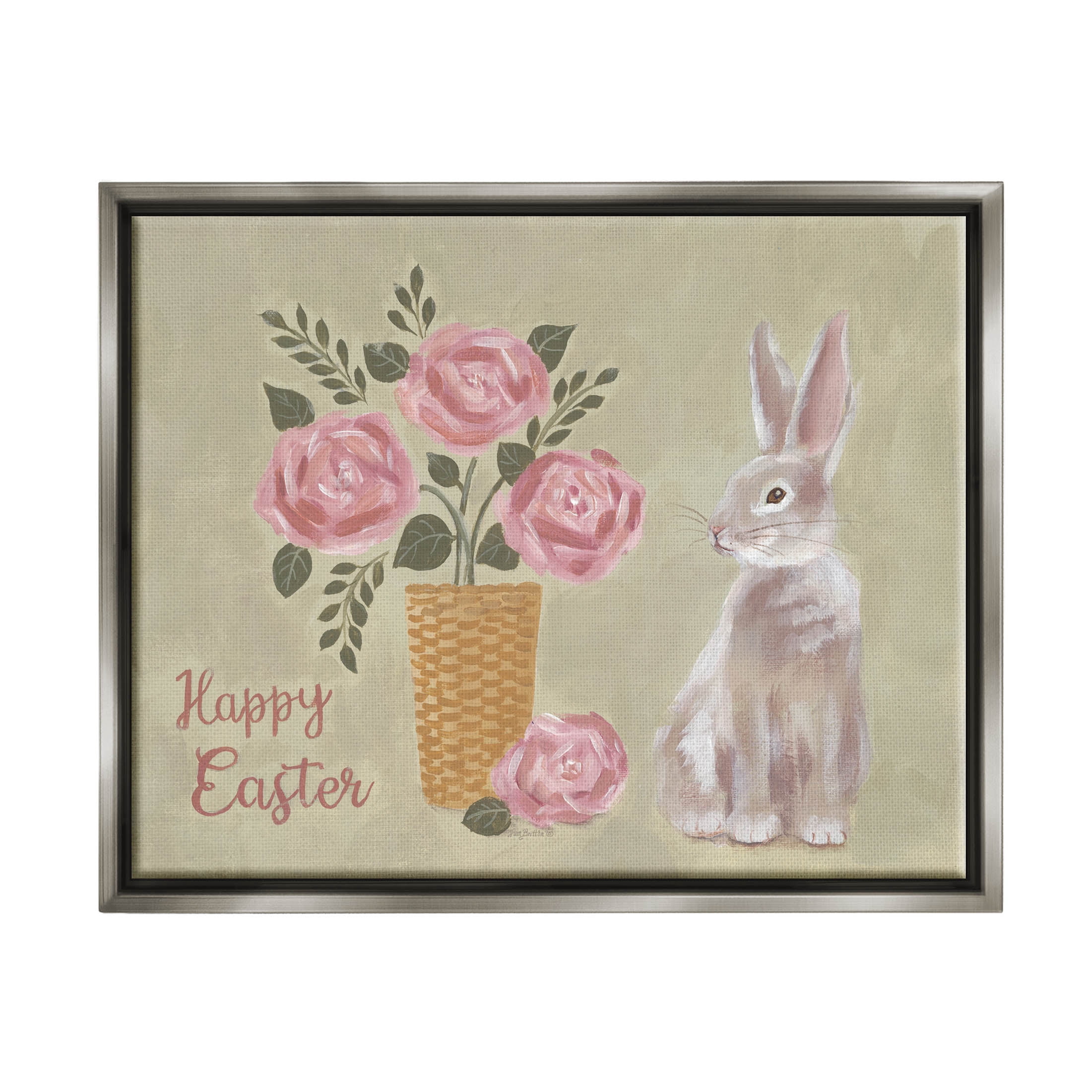 Stupell Industries Happy Easter Bunny Rose Bouquet Graphic Art Luster Gray Floating Framed Canvas Print Wall Art, Design by Pam Britton