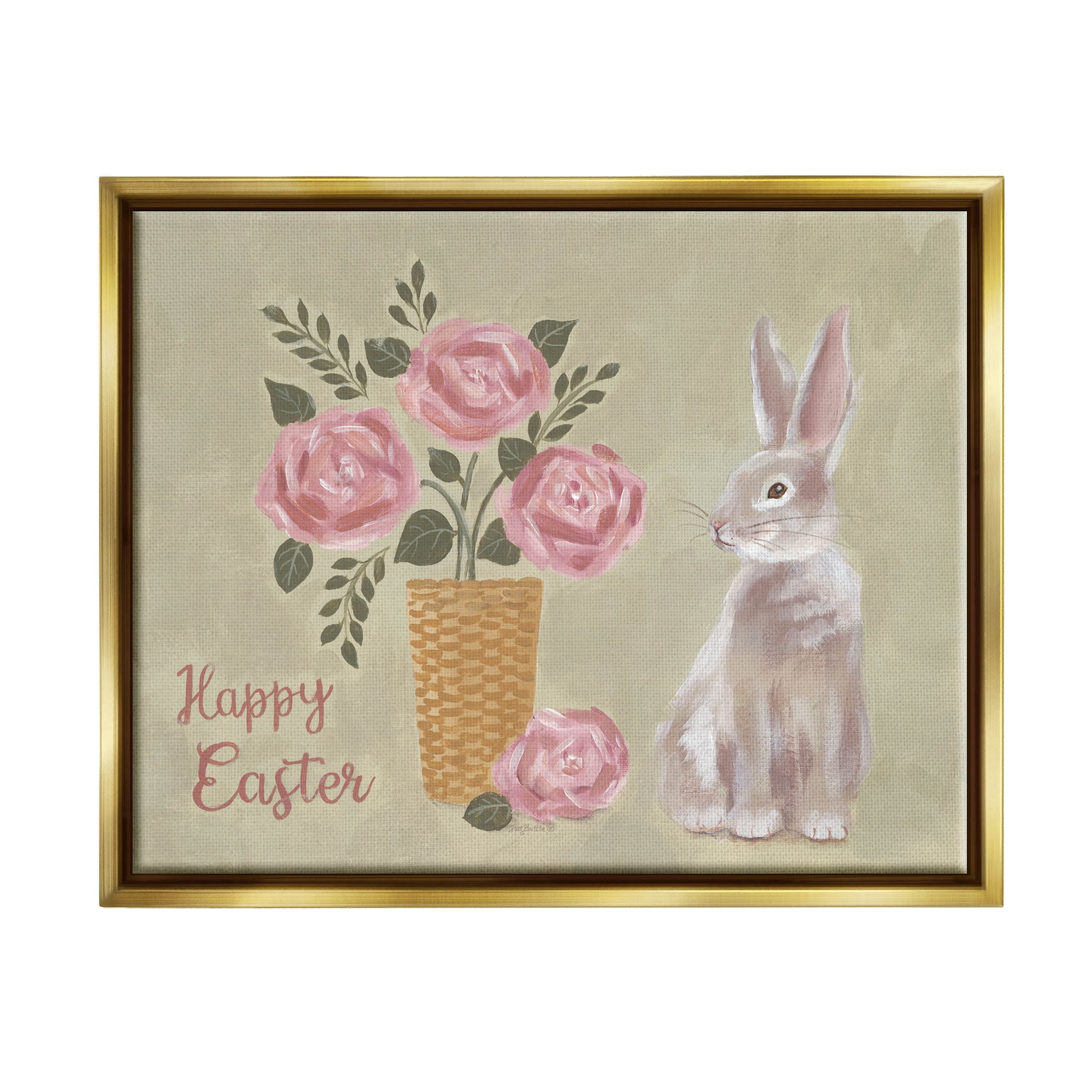Stupell Industries Happy Easter Bunny Rose Bouquet Graphic Art Metallic Gold Floating Framed Canvas Print Wall Art, Design by Pam Britton