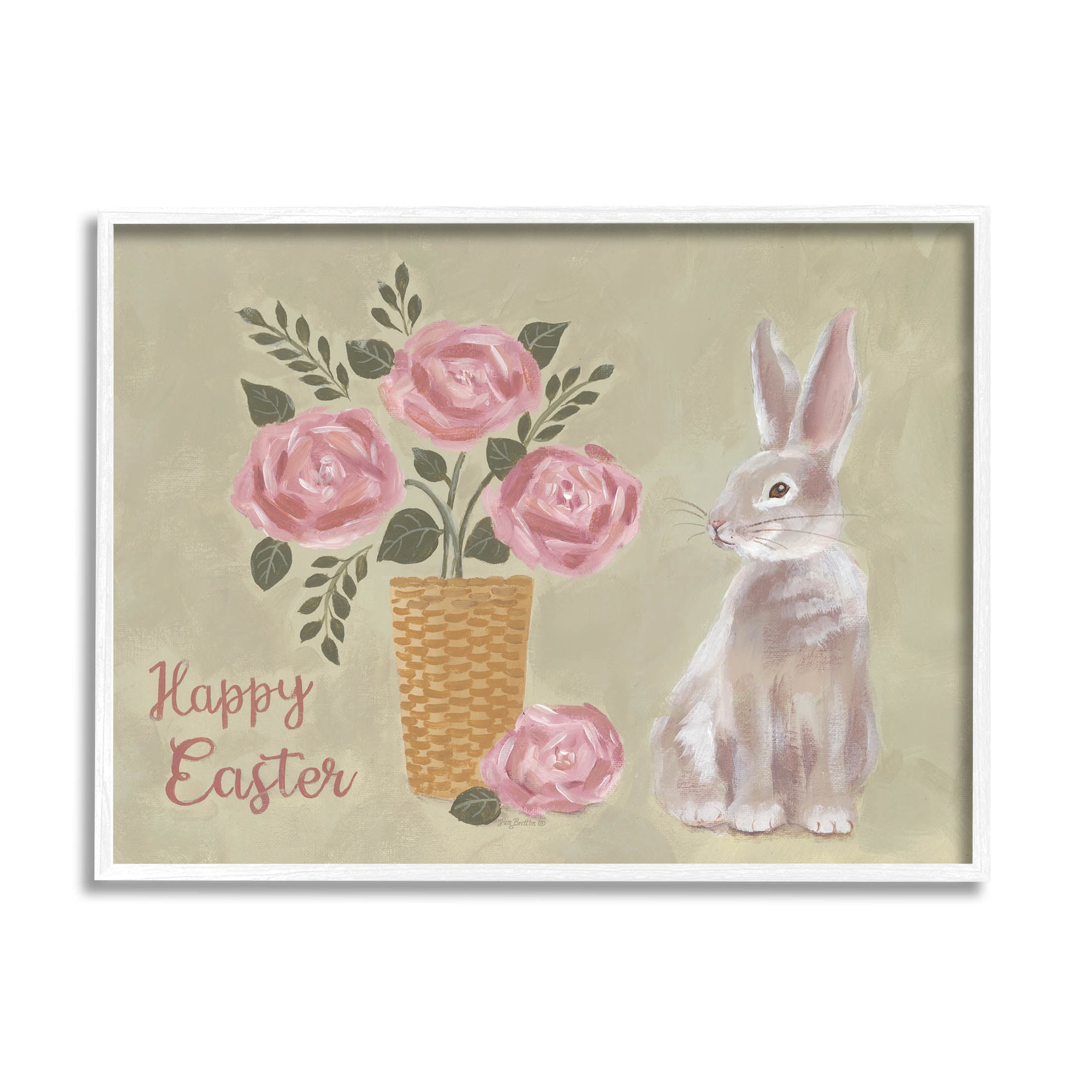 Stupell Industries Happy Easter Bunny Rose Bouquet Graphic Art White Framed Art Print Wall Art, Design by Pam Britton