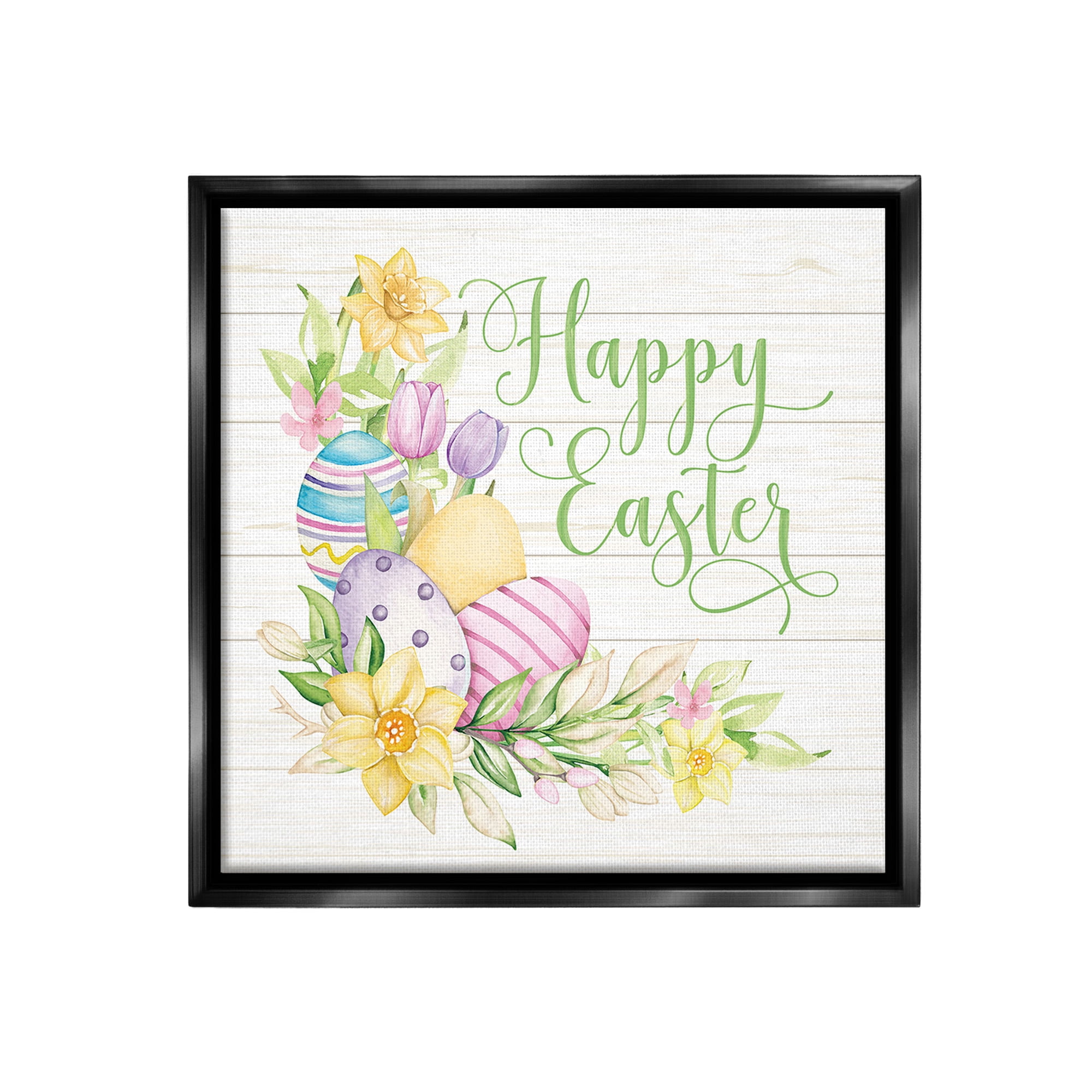 Stupell Industries Happy Easter Daffodils Holiday Painting Black Floater Framed Canvas Art Print Wall Art, 25 x 25