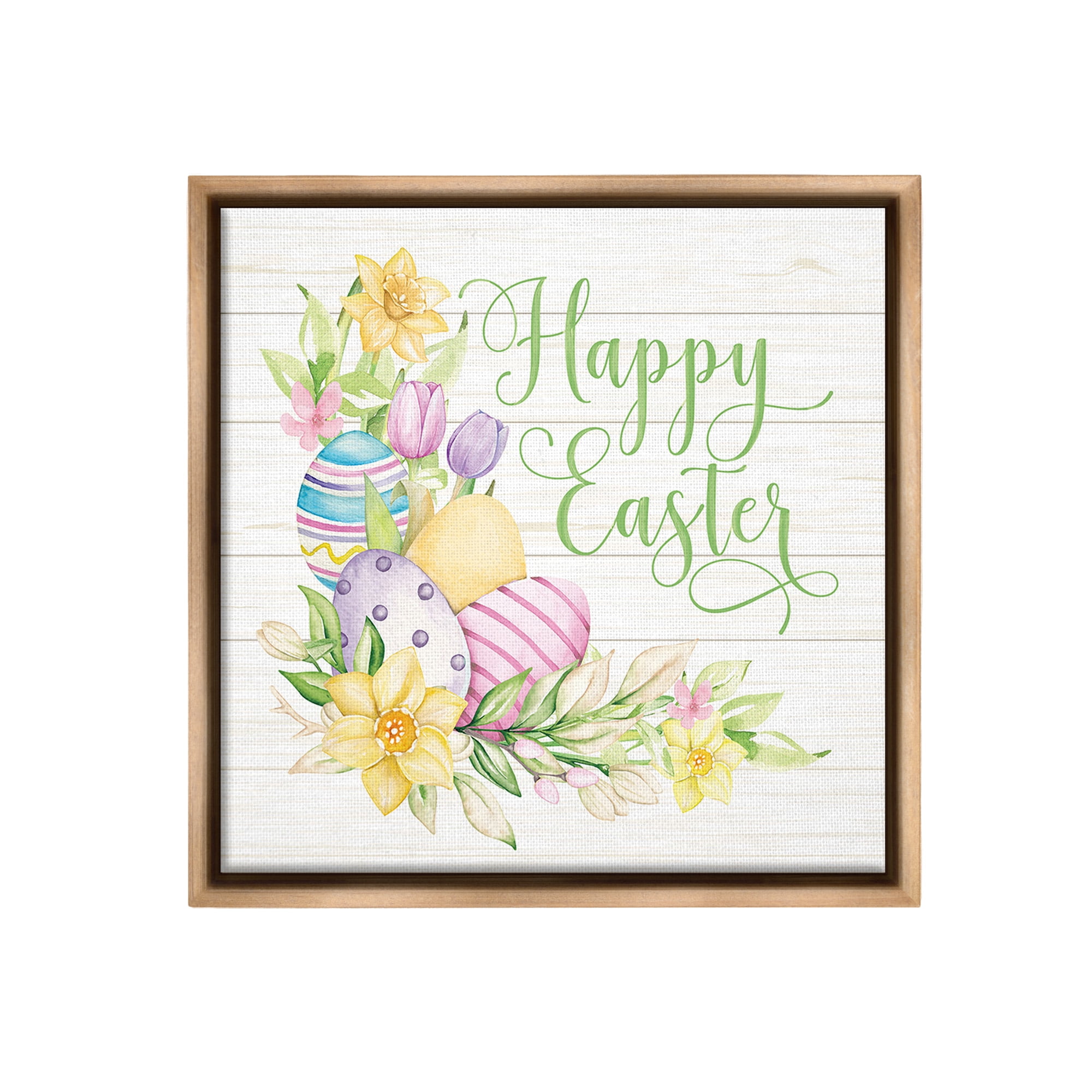 Stupell Industries Happy Easter Daffodils Holiday Painting Brown Floater Framed Canvas Art Print Wall Art, 18 x 18