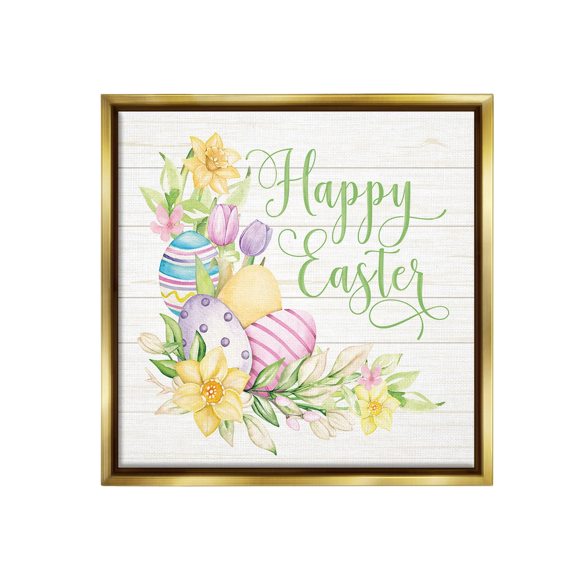 Stupell Industries Happy Easter Daffodils Holiday Painting Gold Floater Framed Canvas Art Print Wall Art, 18 x 18