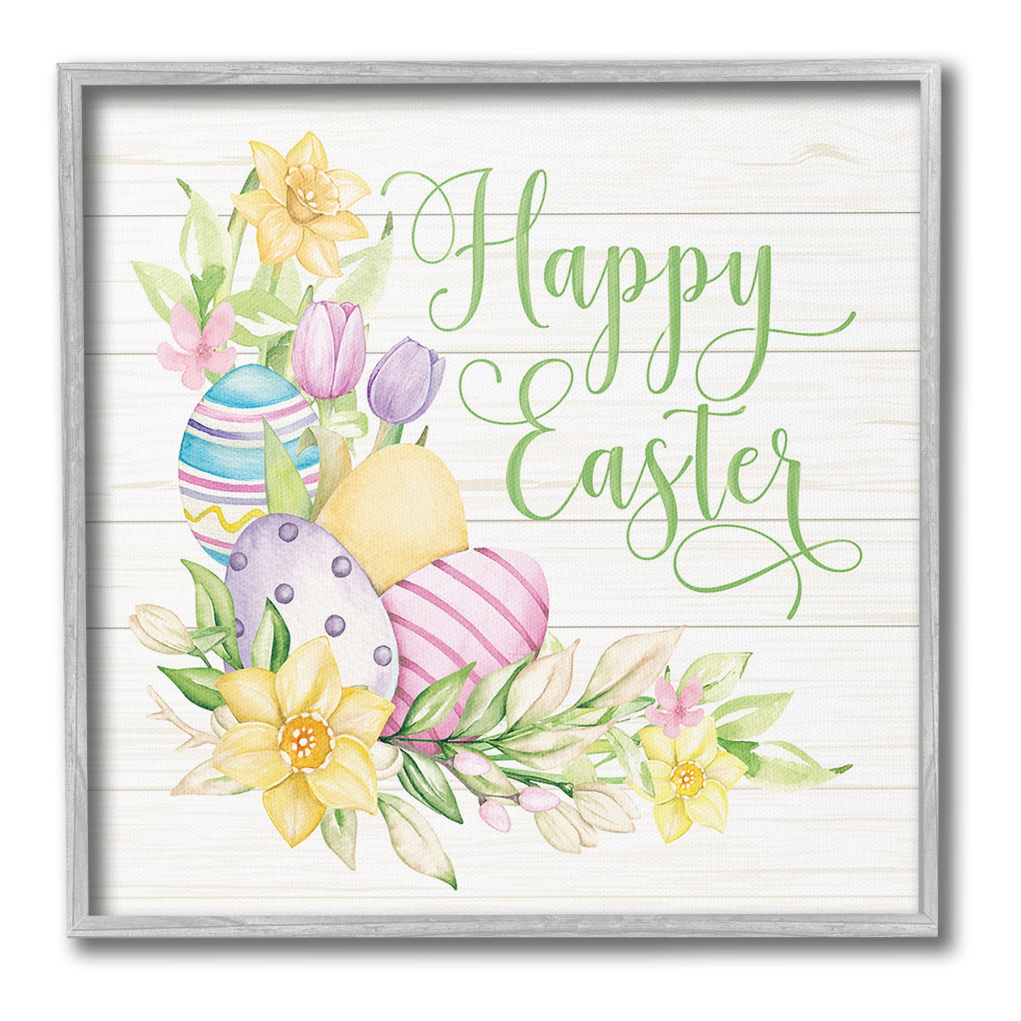 Stupell Industries Happy Easter Daffodils Holiday Painting Gray Framed Art Print Wall Art, 24 x 24